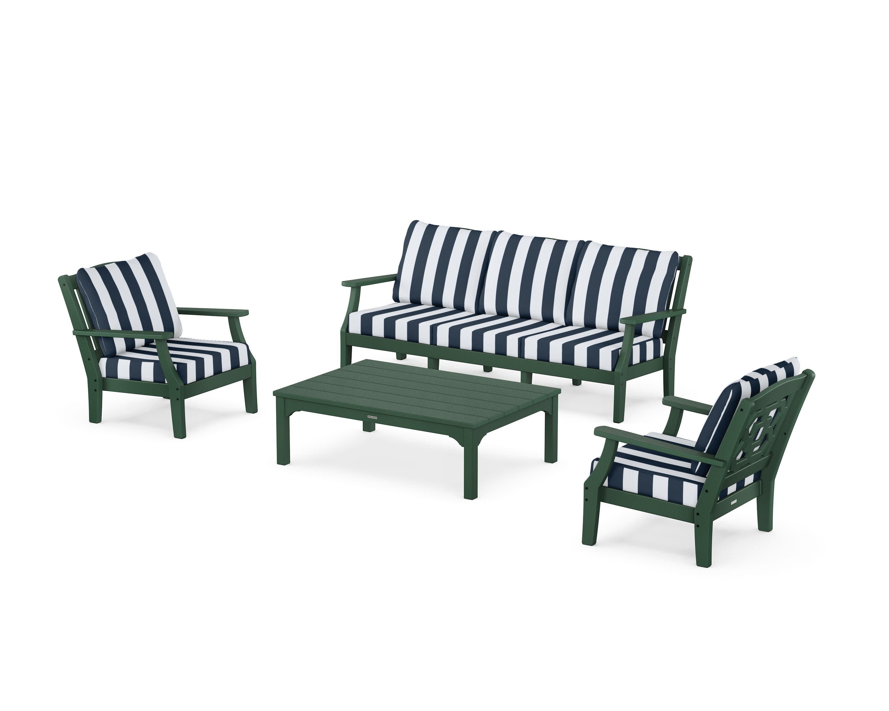 Chinoiserie 4-Piece Deep Seating Set with Sofa in Green / Cabana Stripe Marine Indigo