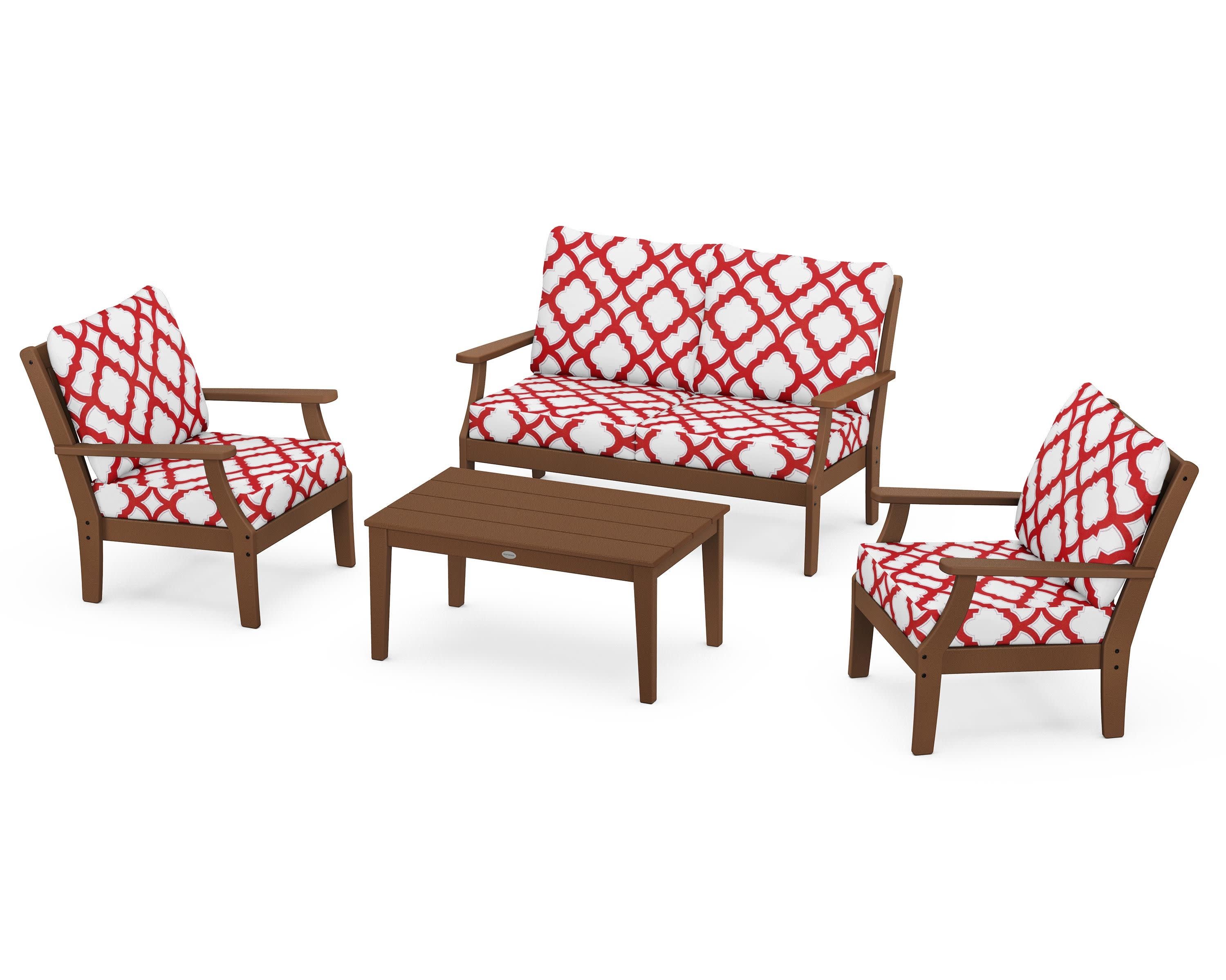 Braxton 4-Piece Deep Seating Chair Set in Teak / Trellis Crimson