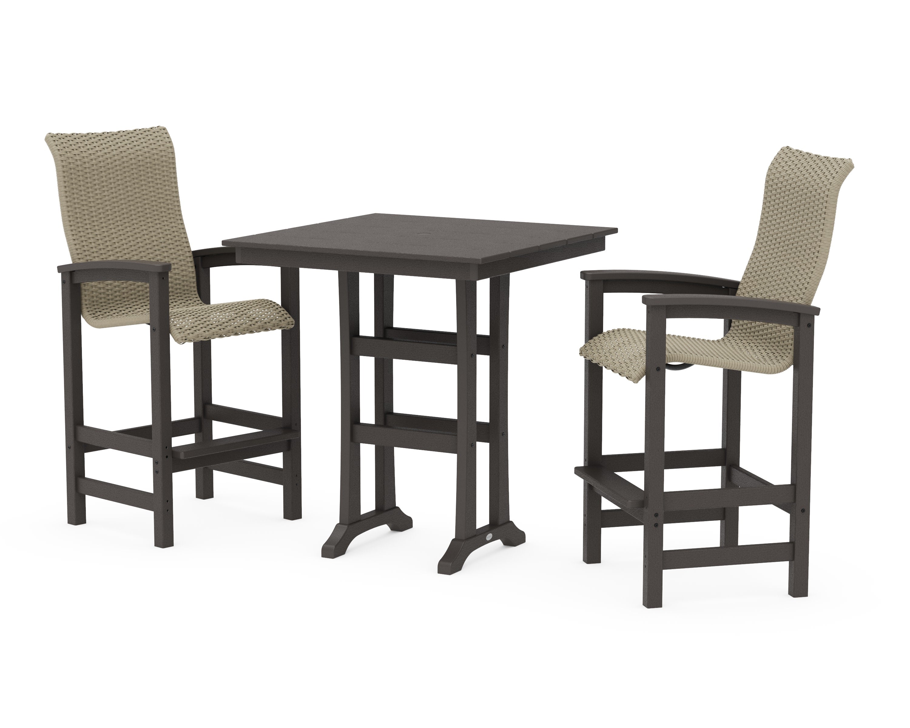 Coastal Woven High-Back 3-Piece Farmhouse Bar Set with Trestle Legs in Vintage Coffee / Dune Grass
