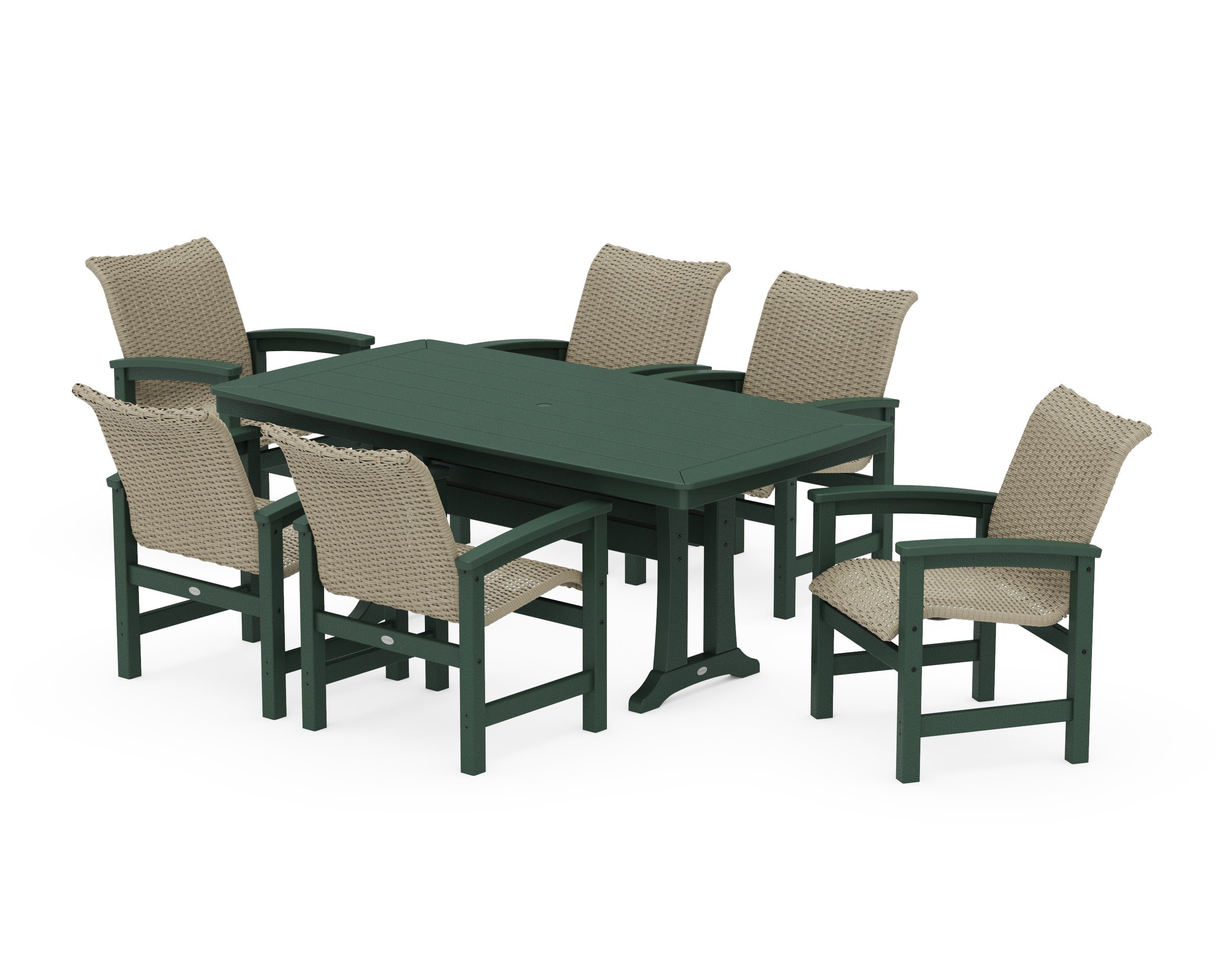 Coastal Woven Arm Chair 7-Piece Dining Set with Trestle Legs in Green / Dune Grass