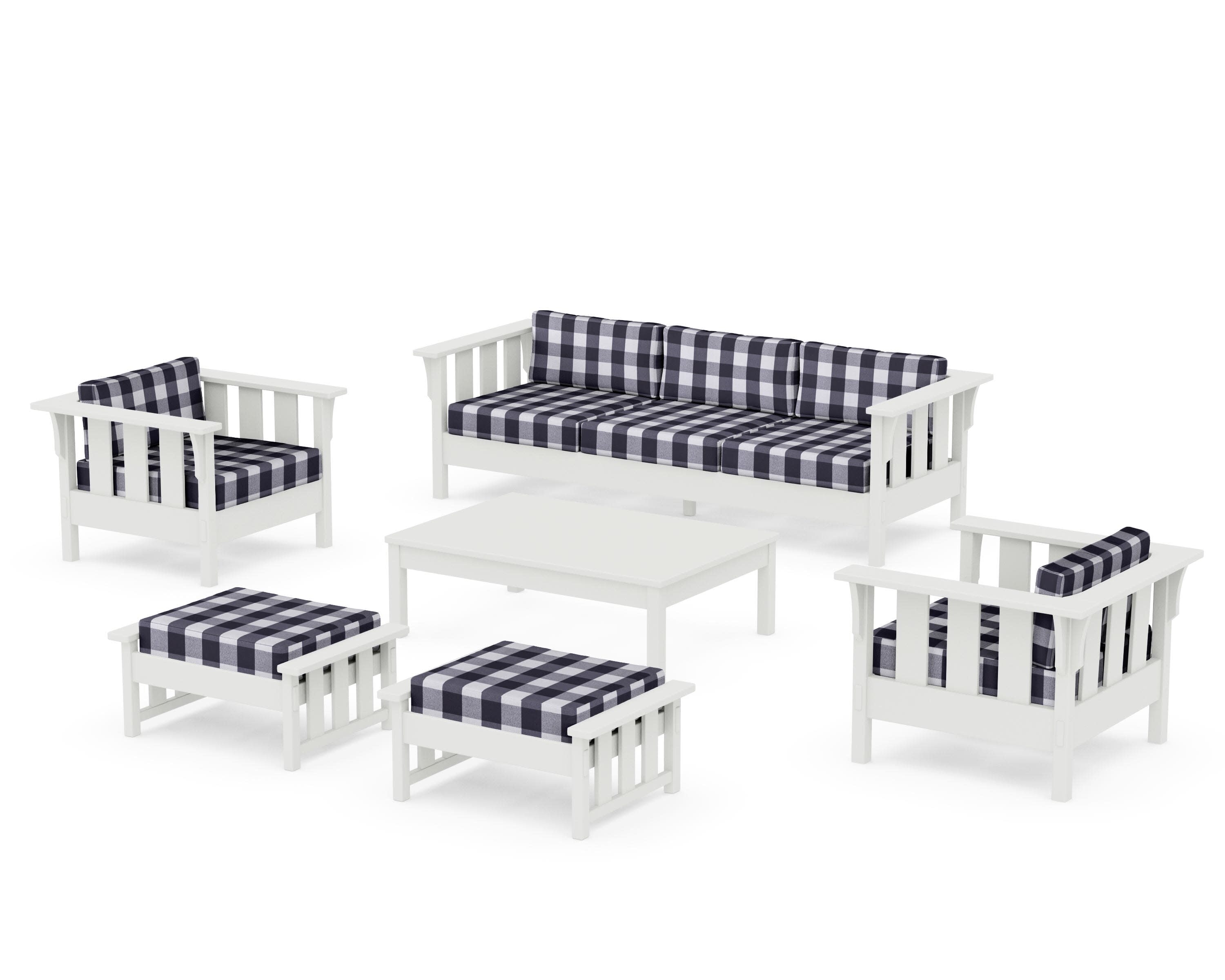 Acadia 6-Piece Lounge Sofa Set in Vintage White / Buffalo Plaid Navy