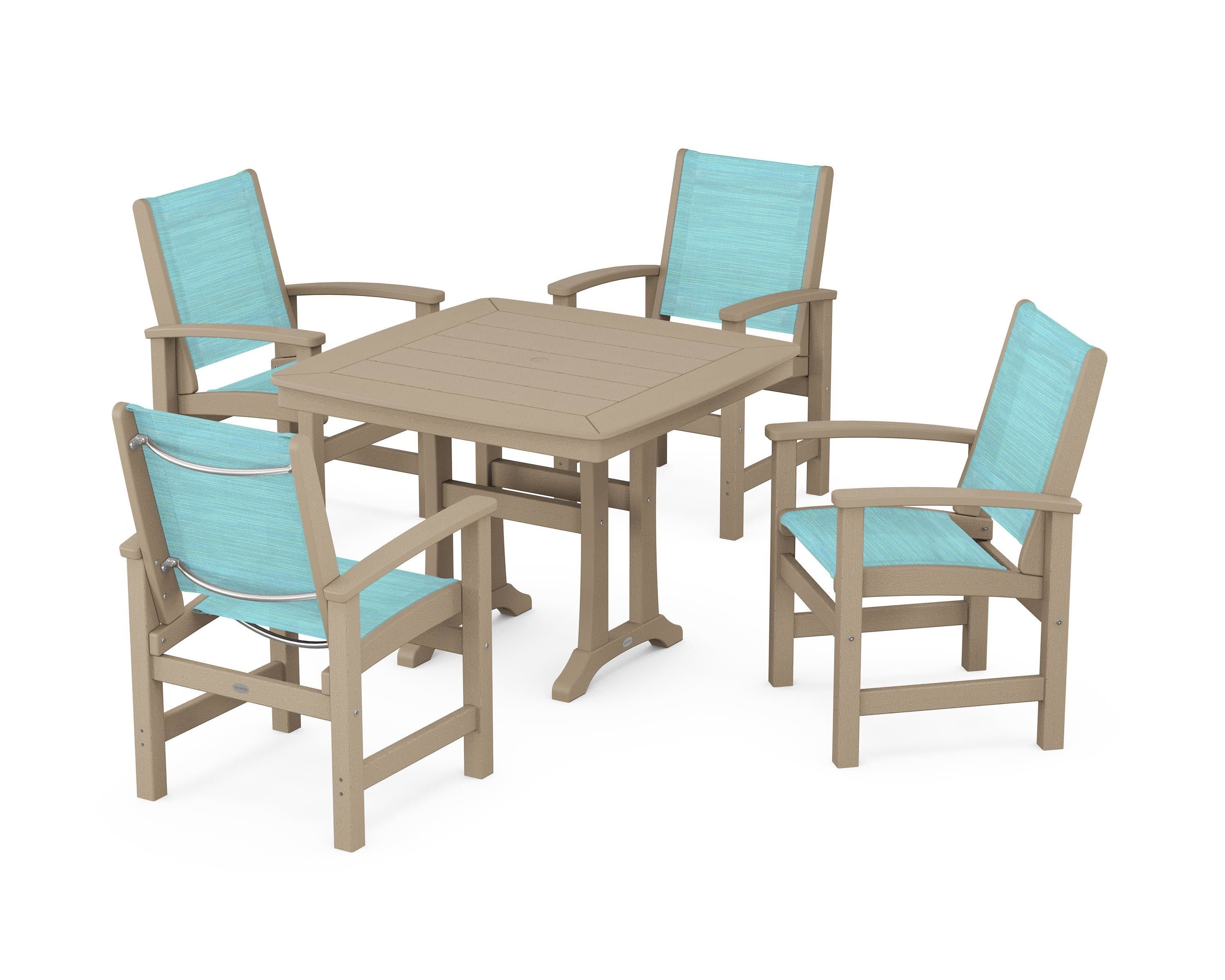 Coastal 5-Piece Dining Set with Trestle Legs in Vintage Sahara / Dupioni Aquamarine Sling