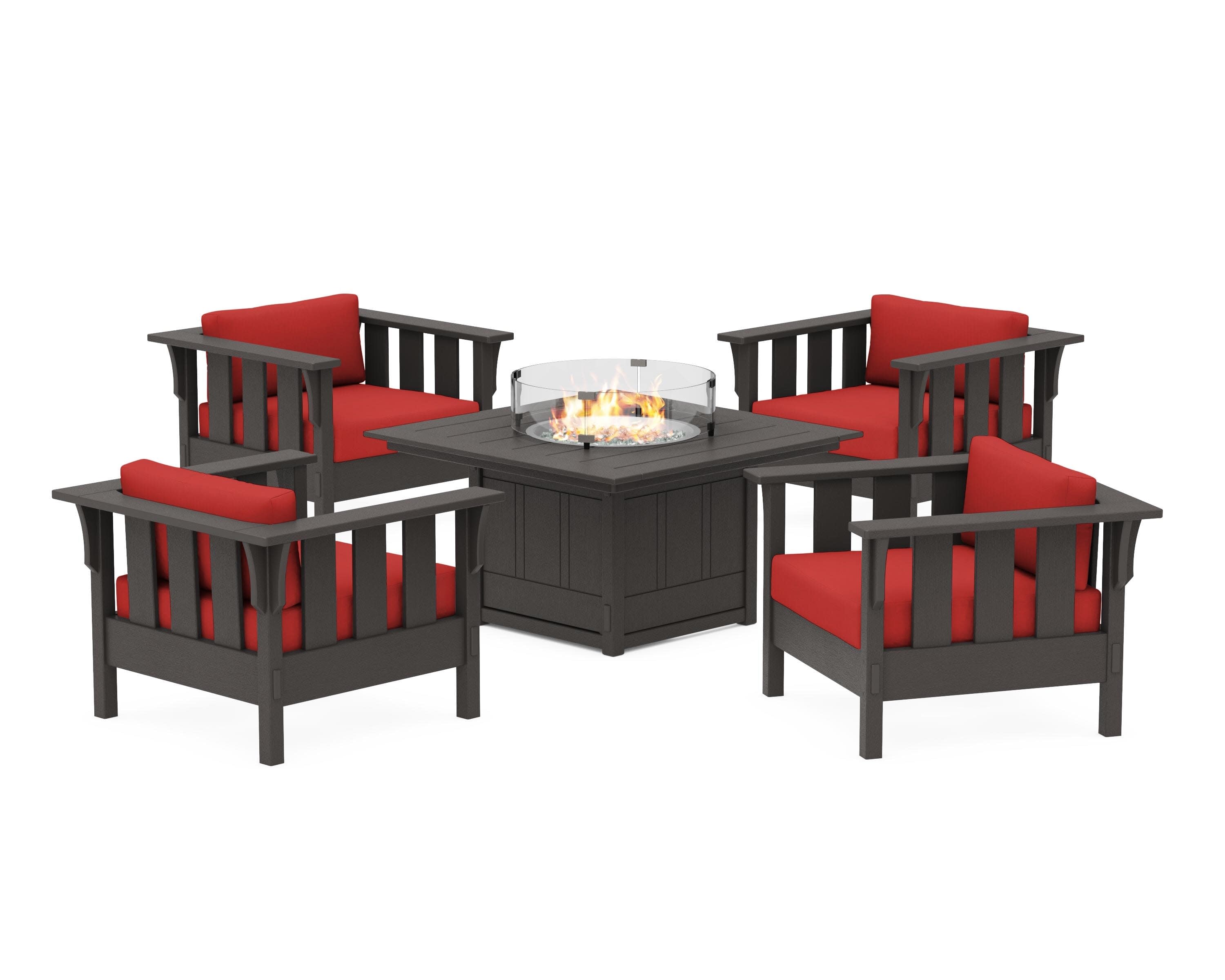 Acadia 5-Piece Deep Seating Set with Fire Pit Table in Vintage Coffee / Crimson Linen