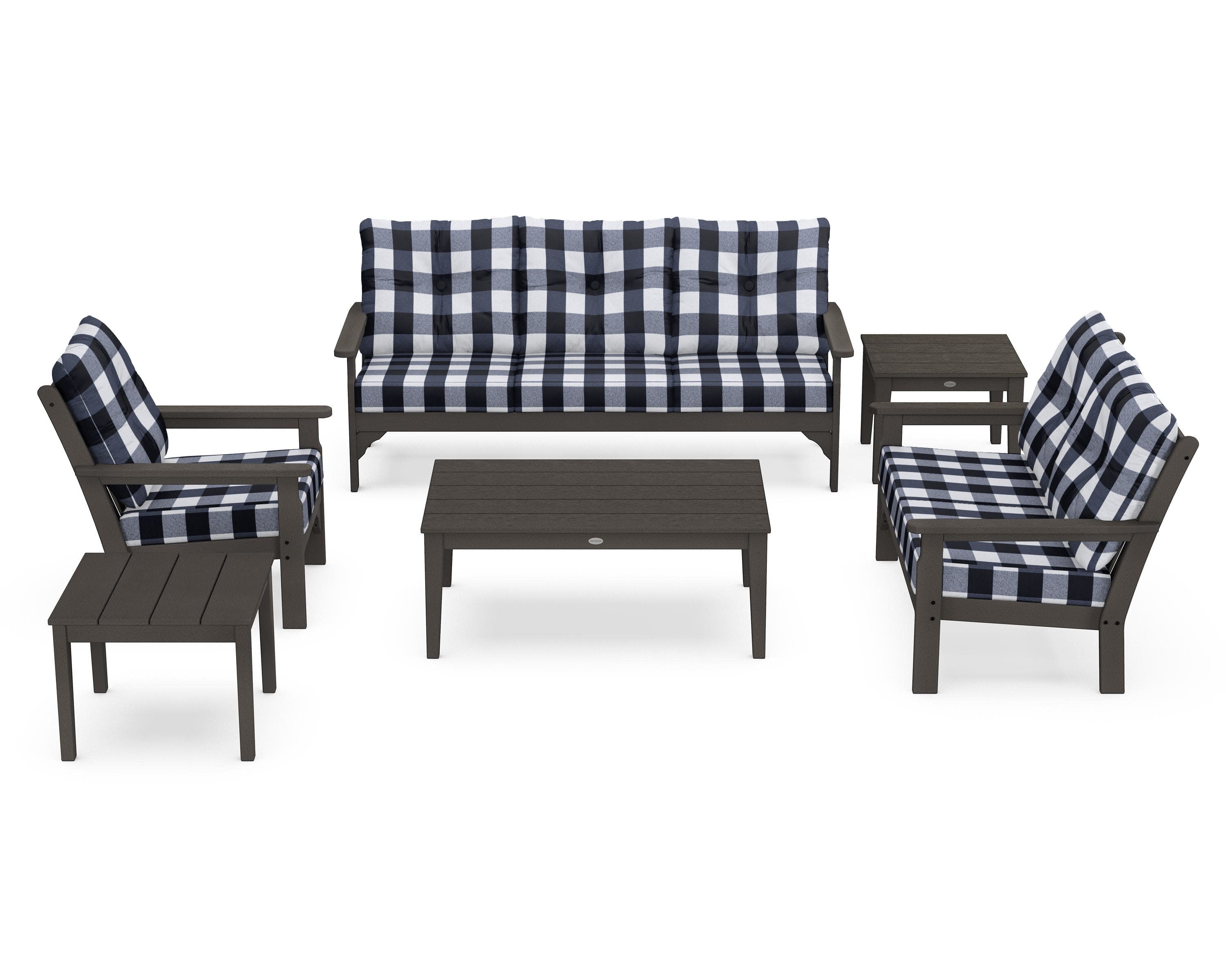 Vineyard 6-Piece Deep Seating Set in Vintage Coffee / Buffalo Plaid Marine Indigo