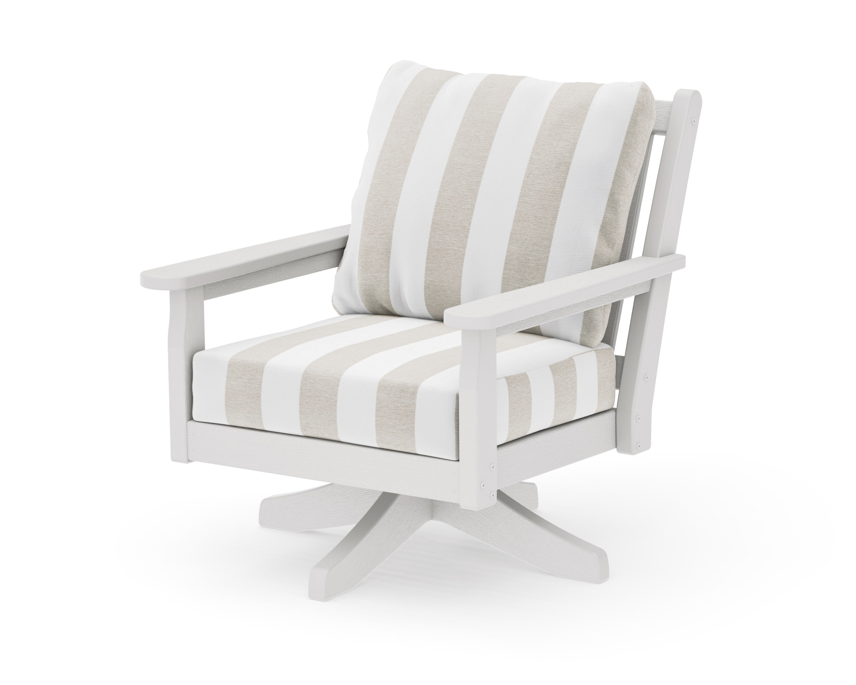 Chippendale Deep Seating Swivel Chair in Vintage White / Cabana Stripe Dune Burlap