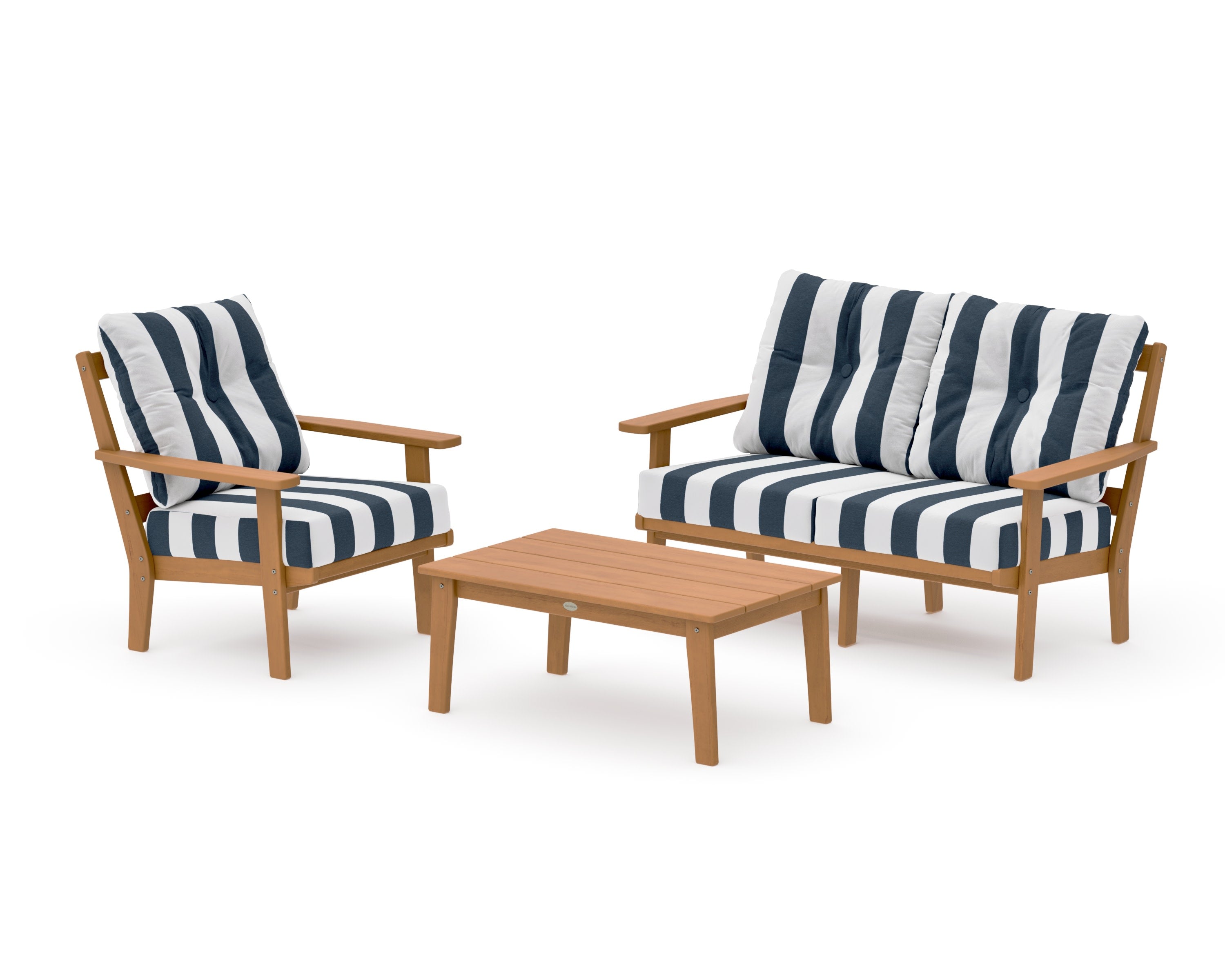 Oxford 3-Piece Deep Seating Set with Loveseat in Natural / Cabana Stripe Marine Indigo