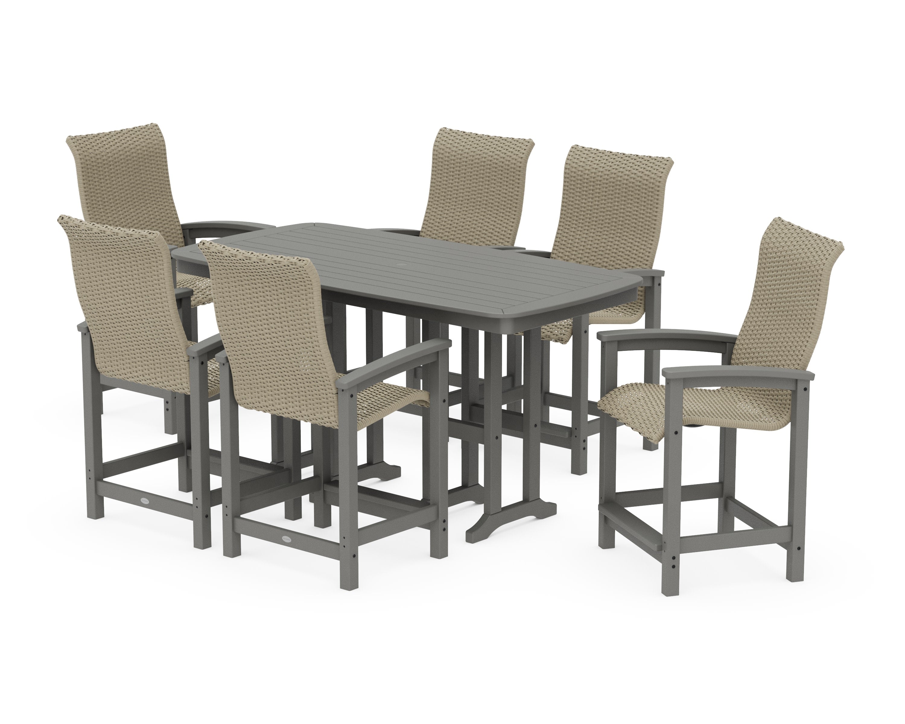 Coastal Woven High-Back Arm Chair 7-Piece Counter Set in Slate Grey / Dune Grass