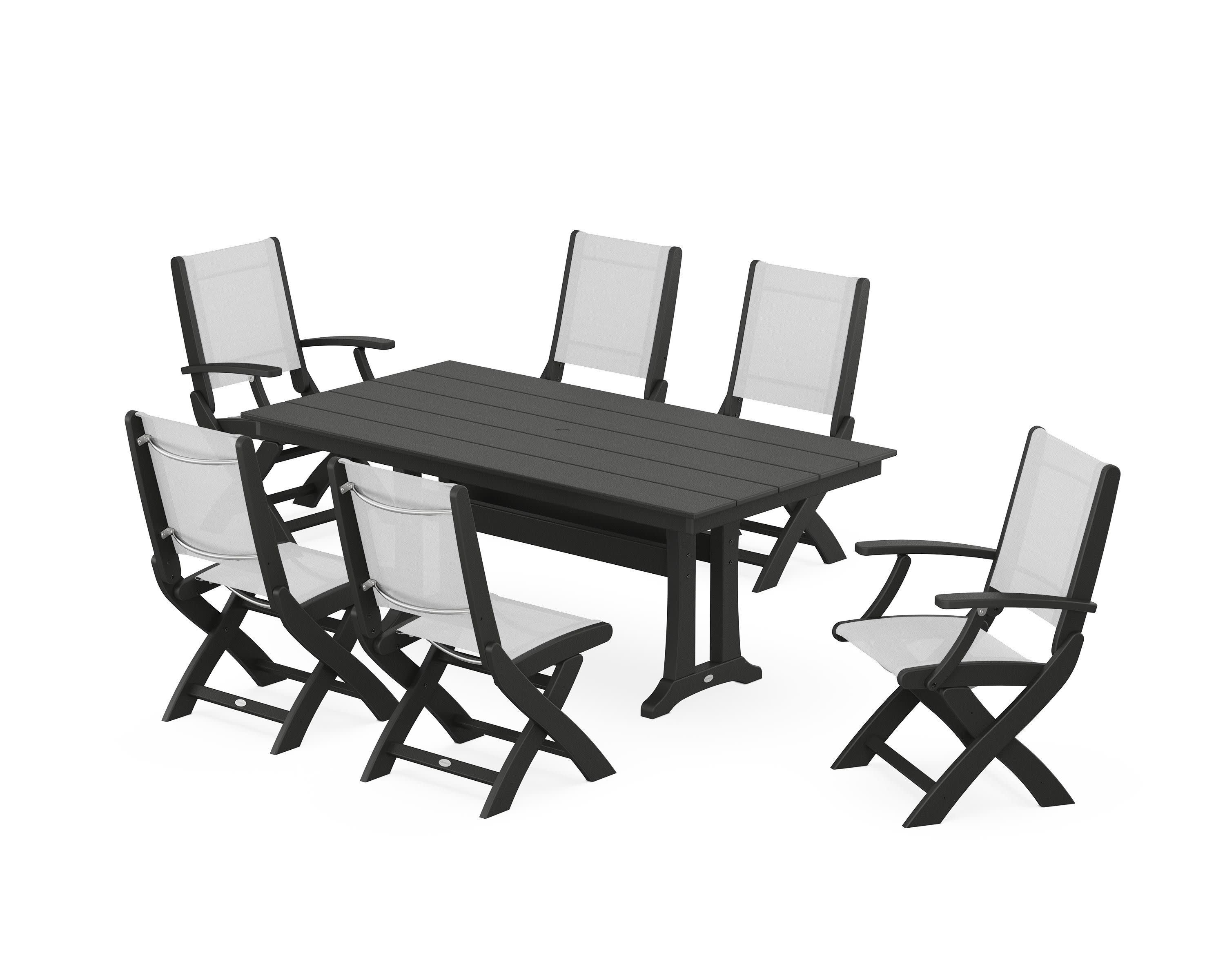 Coastal Folding Chair 7-Piece Farmhouse Dining Set with Trestle Legs in Black / White Sling