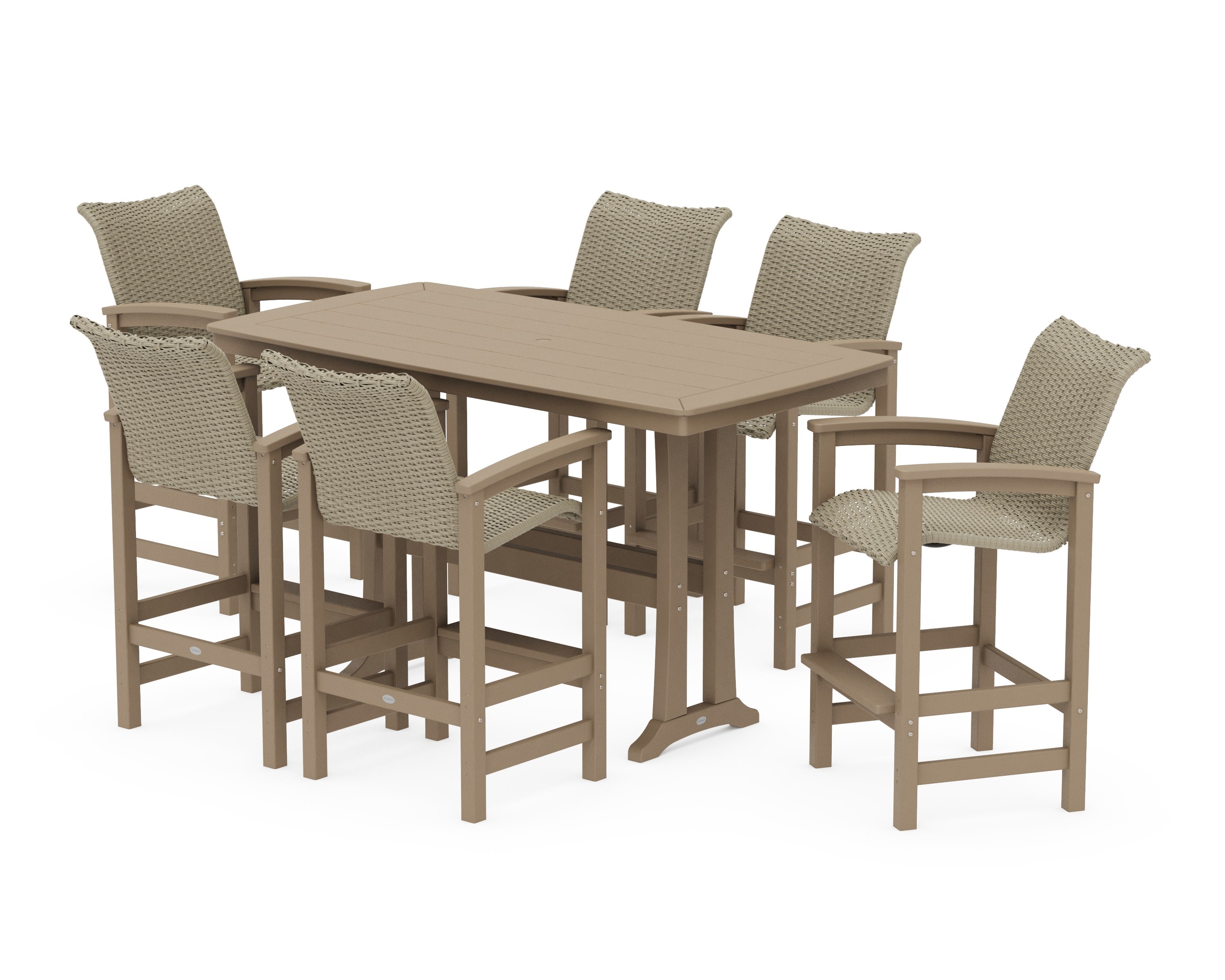 Coastal Woven Arm Chair 7-Piece Bar Set with Trestle Legs in Vintage Sahara / Dune Grass