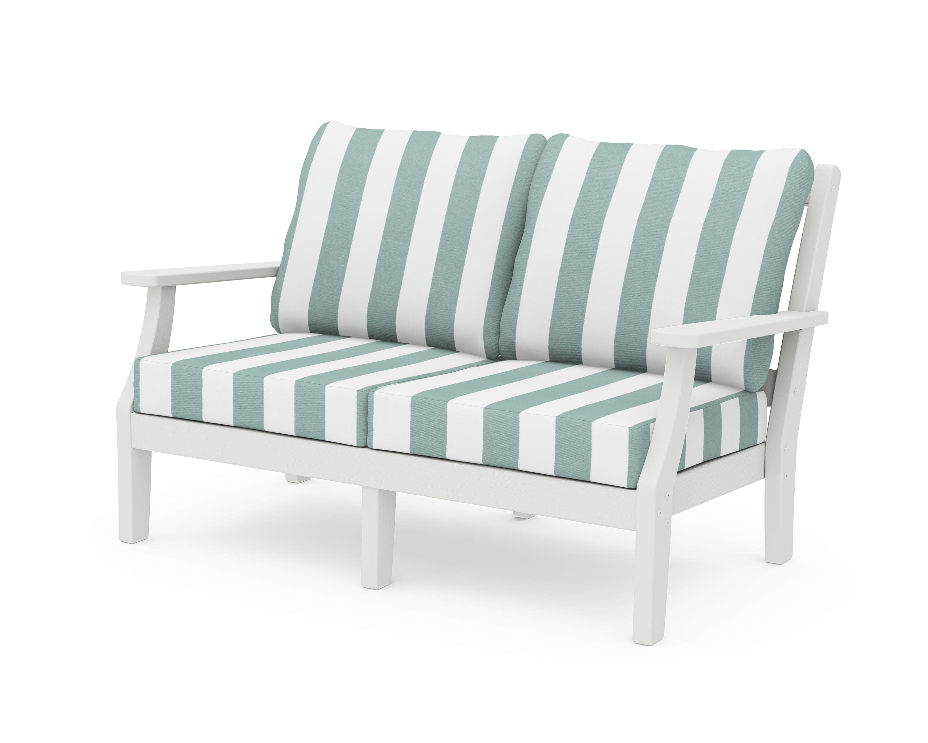 Chinoiserie Deep Seating Loveseat in Vintage White / Cabana Stripe Glacier Spa