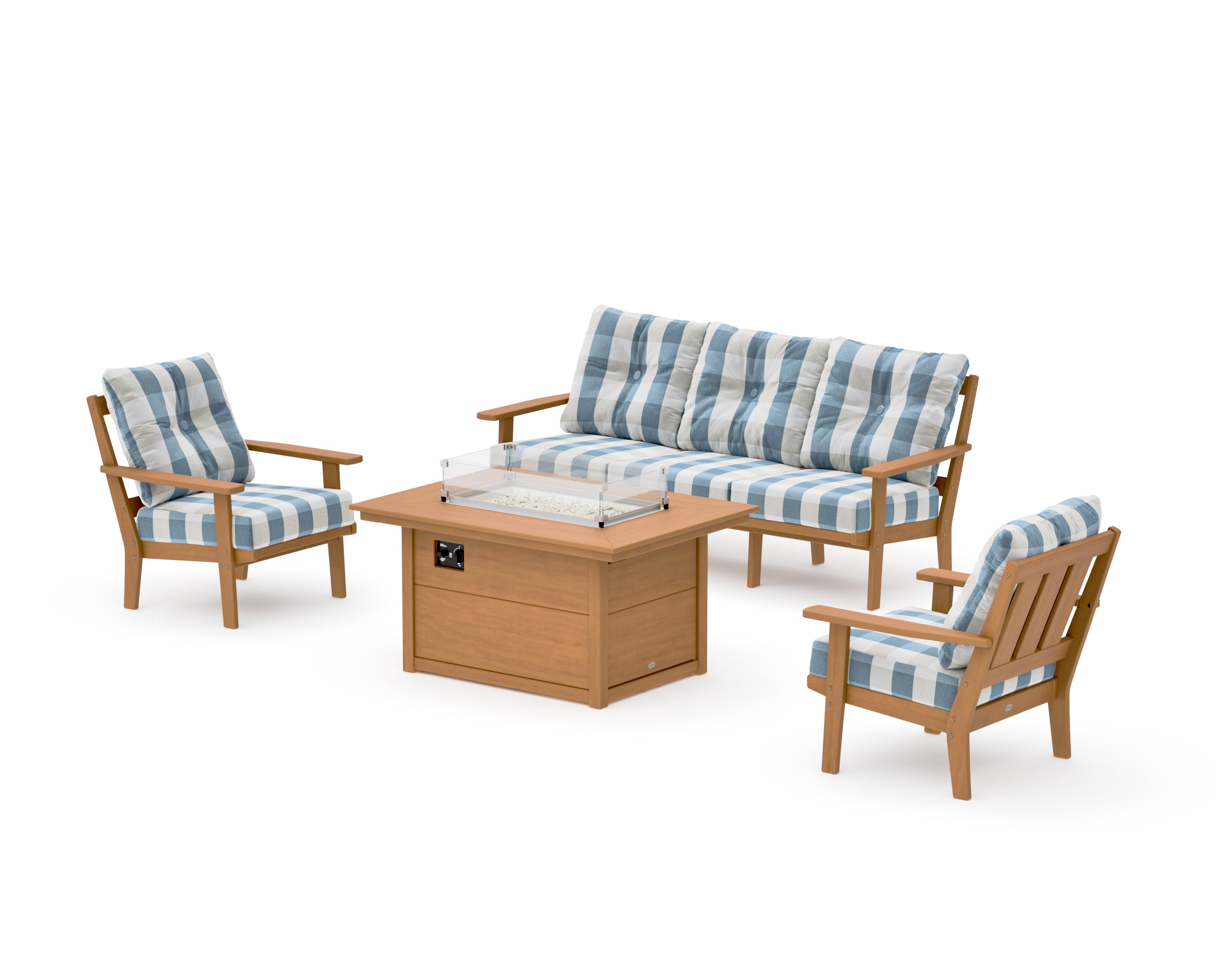 Oxford Deep Seating Fire Pit Table Set in Natural / Buffalo Plaid Sky Blue