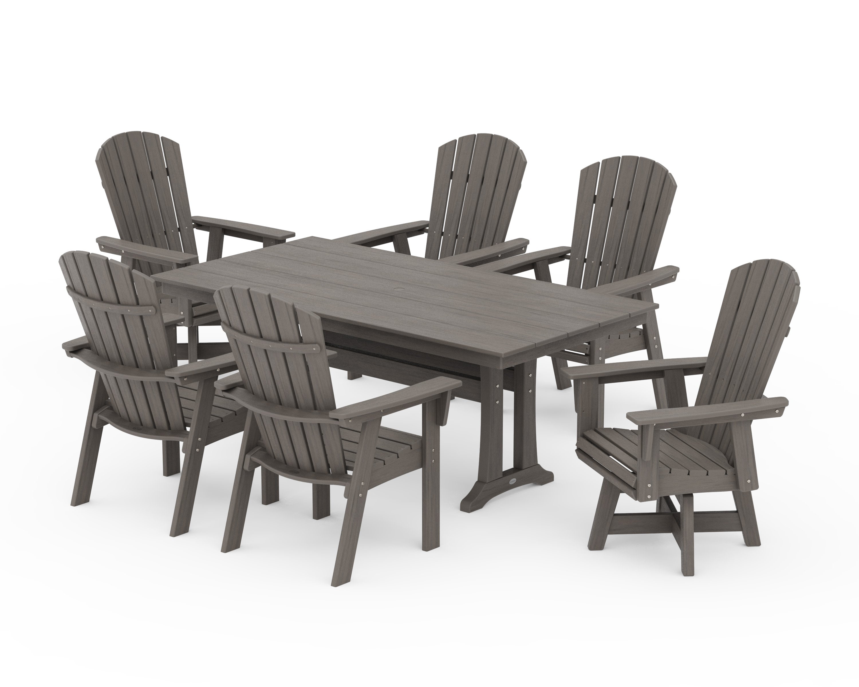 Nautical Curveback Adirondack Swivel Chair 7-Piece Farmhouse Dining Set With Trestle Legs in Driftwood