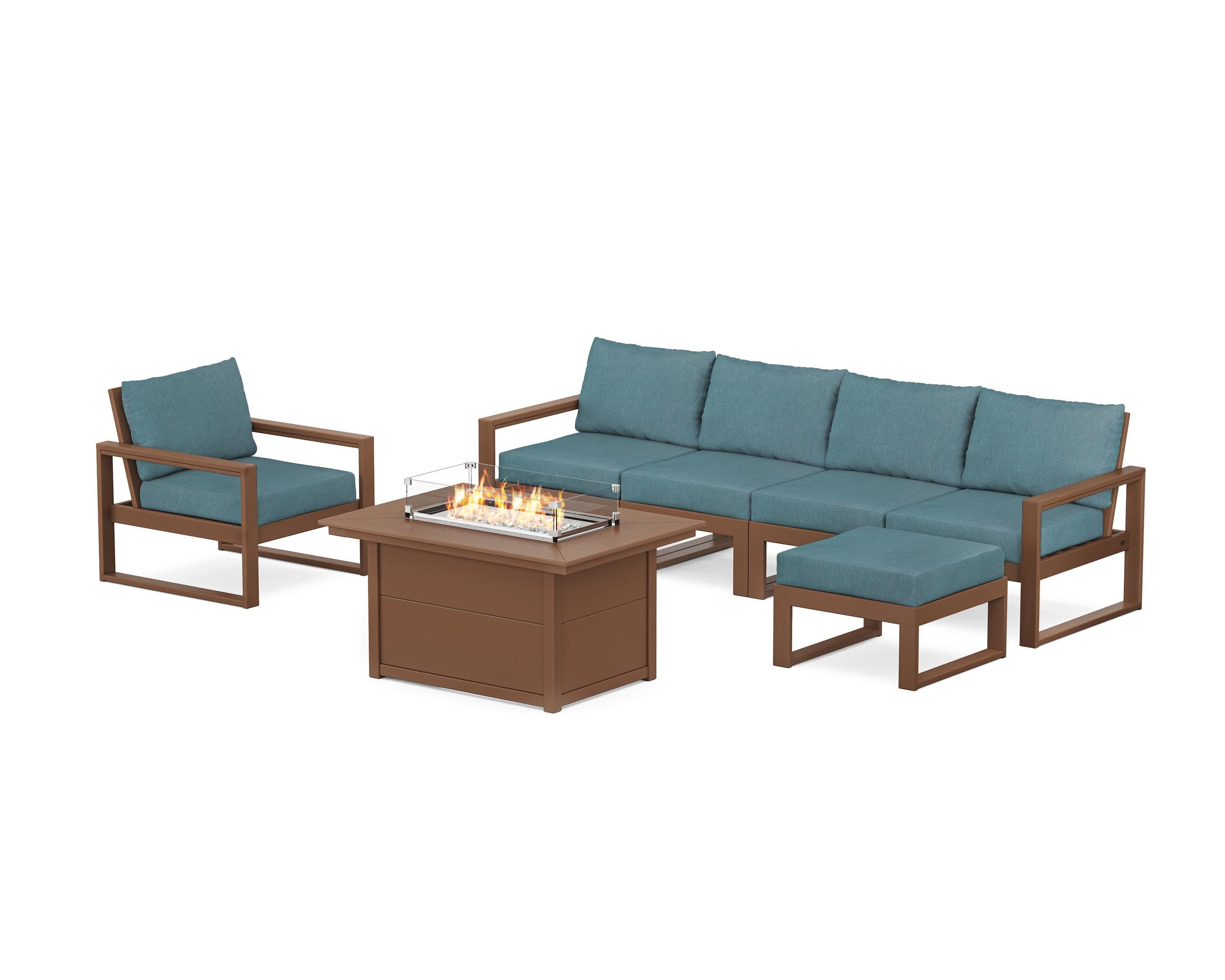 EDGE Sectional Lounge and Fire Pit Set in Teak / Ocean Teal