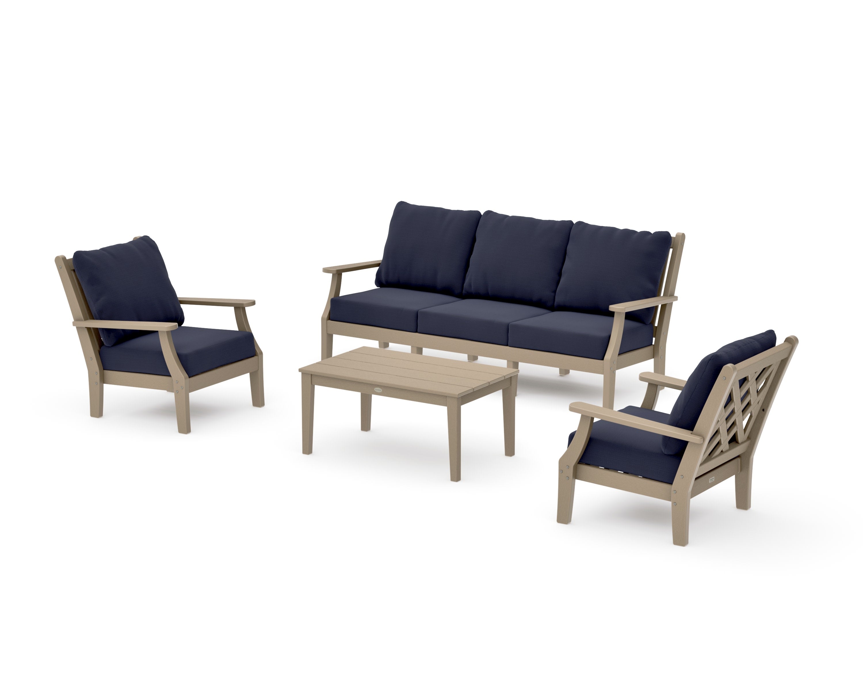 Wovendale 4-Piece Deep Seating Set with Sofa in Vintage Sahara / Navy Linen