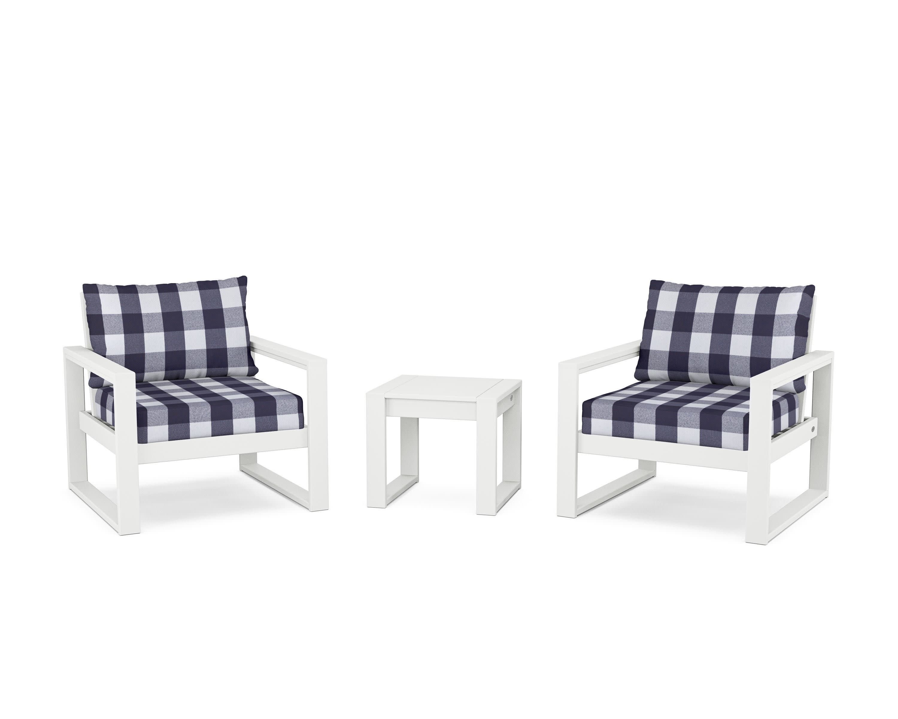 EDGE Sectional 3-Piece Deep Seating Set in White / Buffalo Plaid Navy