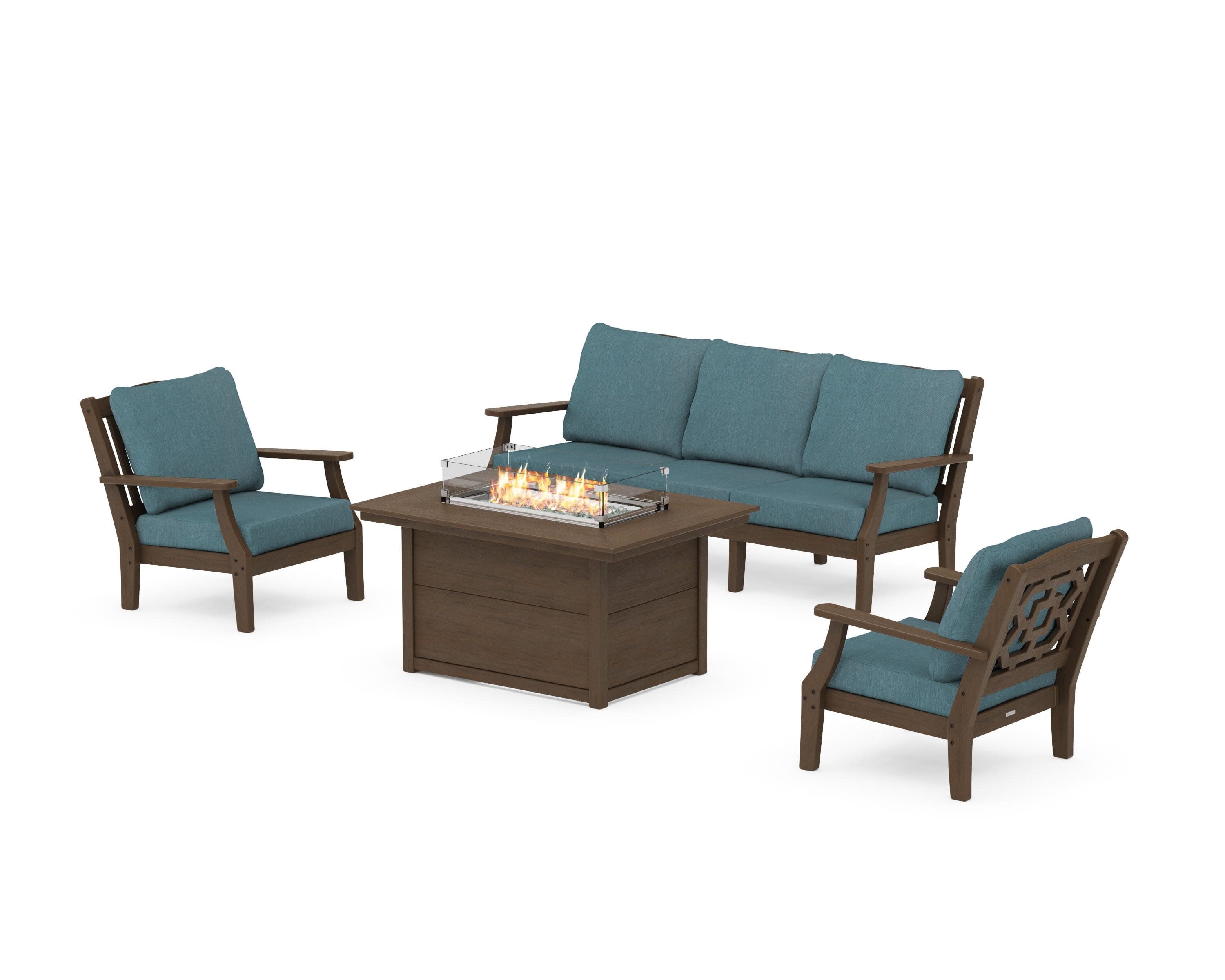 Chinoiserie Deep Seating Fire Pit Table Set in Kona / Ocean Teal