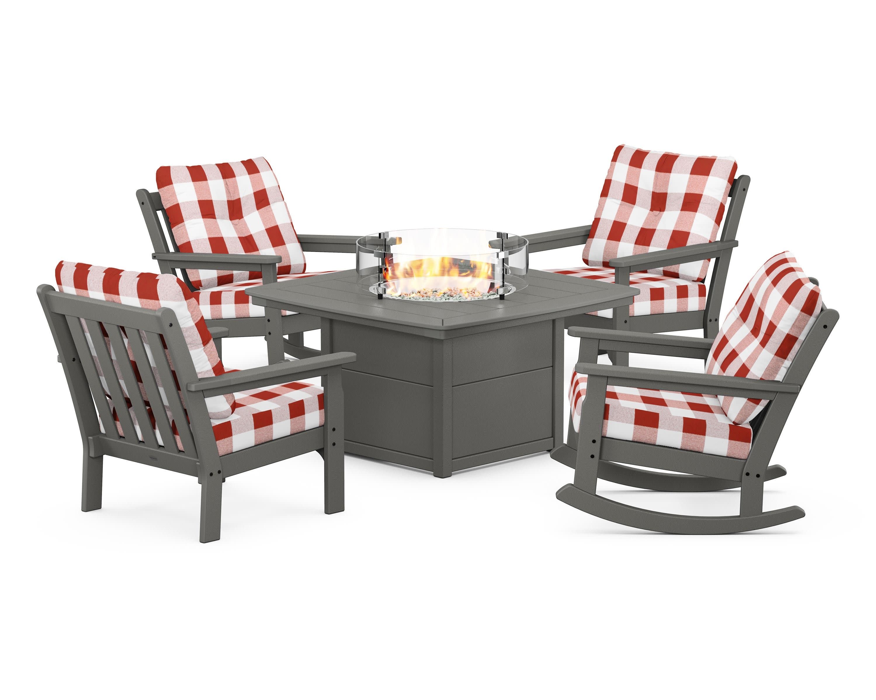 Vineyard 5-Piece Deep Seating Rocking Chair Conversation Set with Fire Pit Table in Slate Grey / Buffalo Plaid Crimson