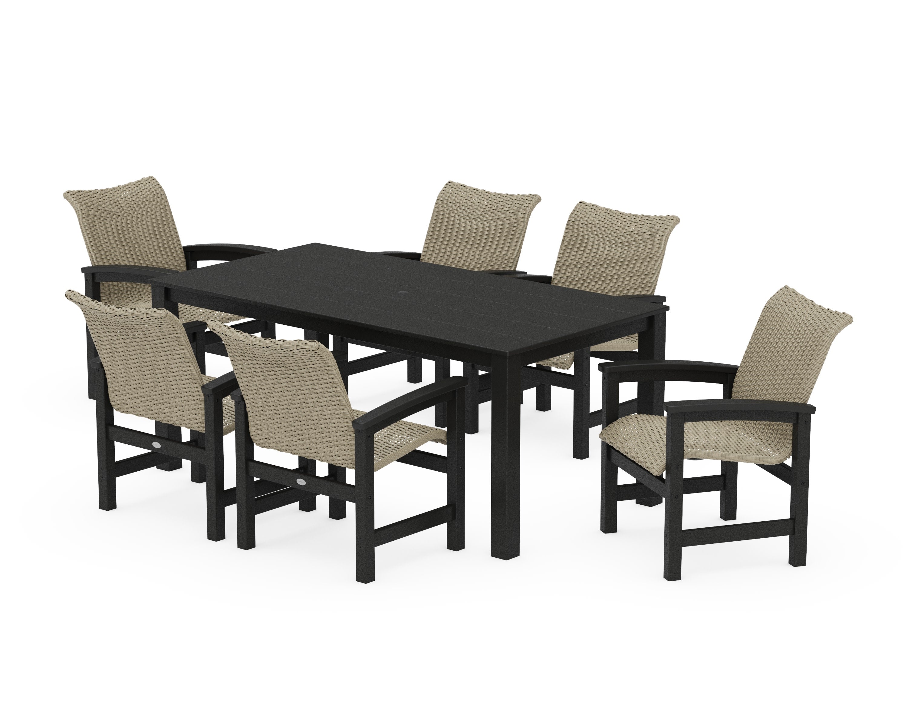 Coastal Woven Arm Chair 7-Piece Parsons Dining Set in Black / Dune Grass