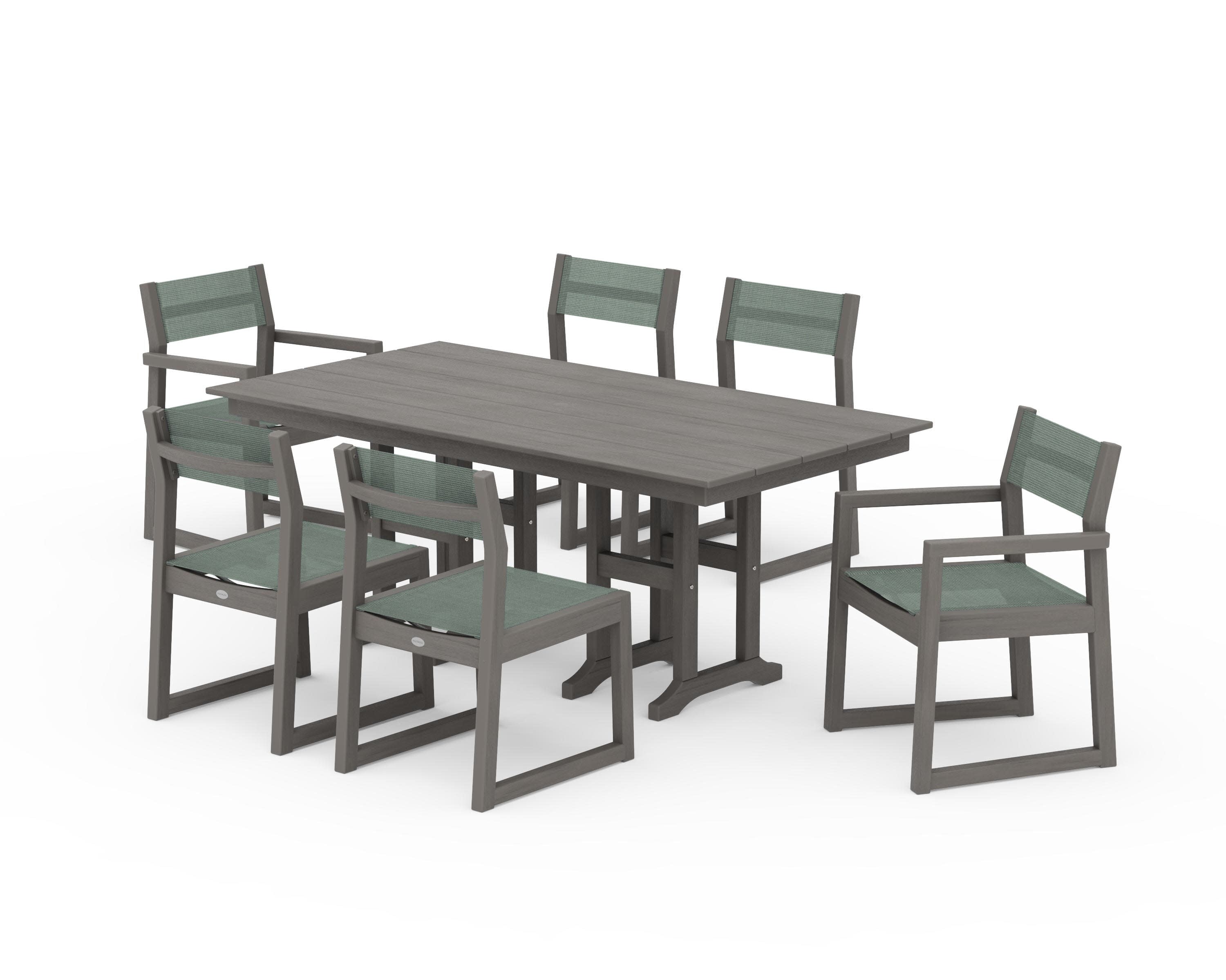 EDGE Sling 7-Piece Farmhouse Dining Set in Driftwood / Dupioni Sea Mist Sling