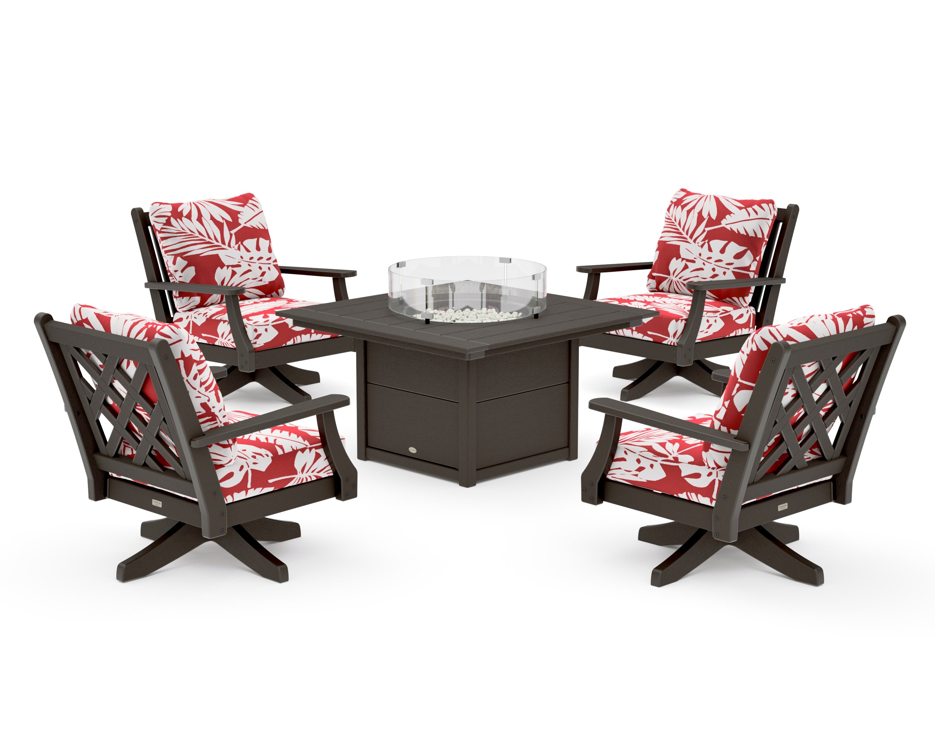 Wovendale 5-Piece Deep Seating Swivel Conversation Set with Fire Pit Table in Vintage Coffee / Leaf Crimson