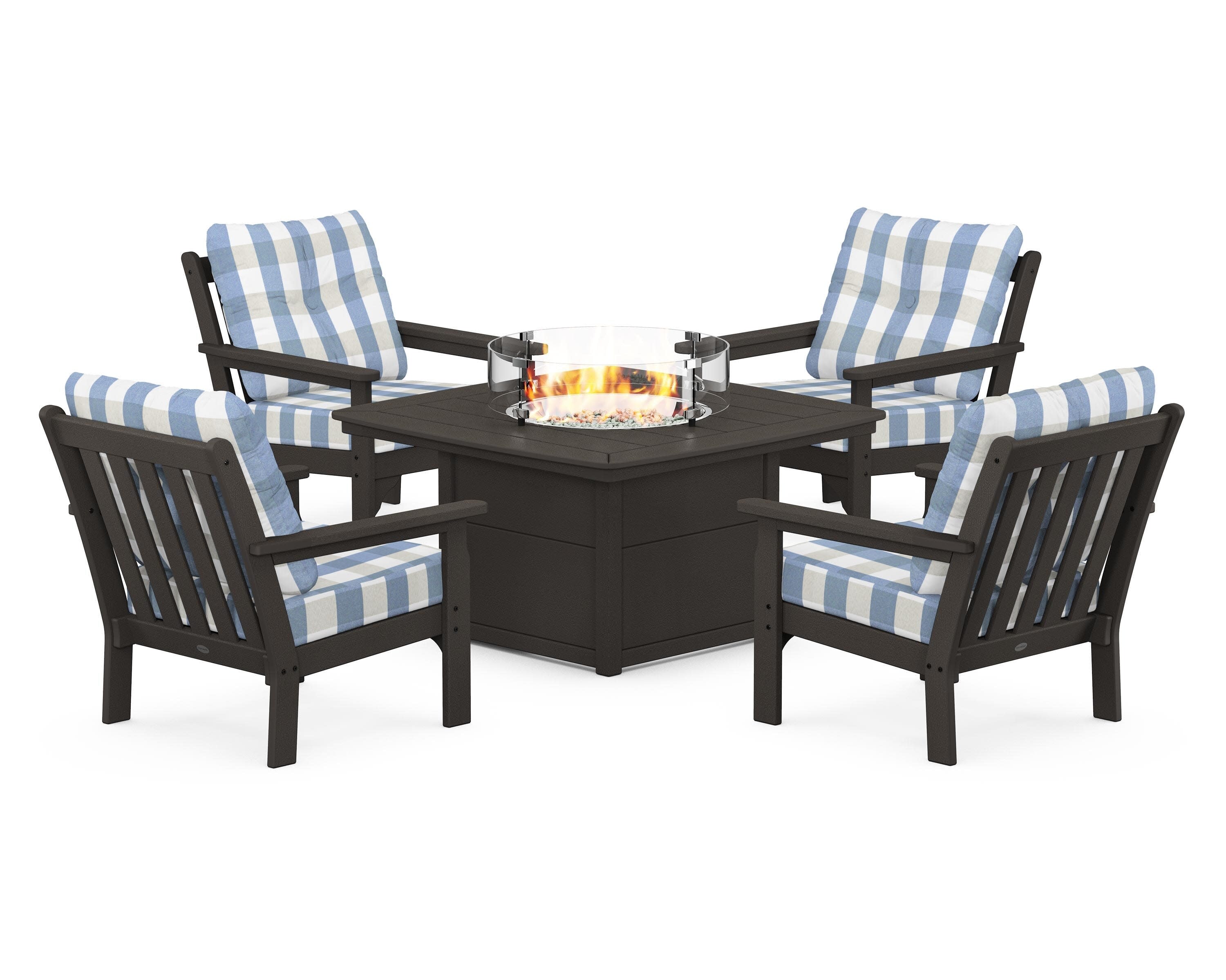 Vineyard 5-Piece Conversation Set with Fire Pit Table in Vintage Coffee / Buffalo Plaid Sky Blue