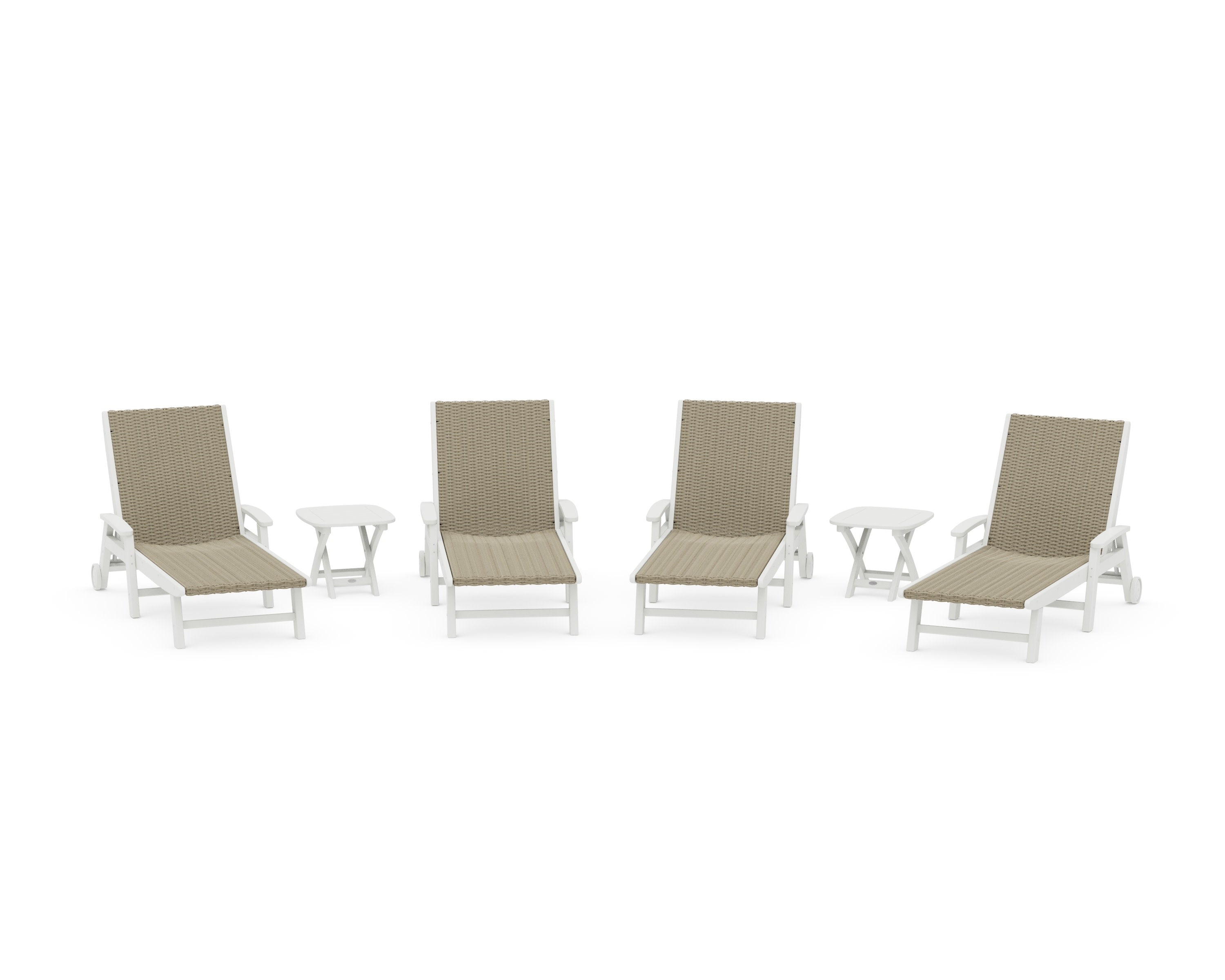 6- Piece Coastal Woven Chaise with Arms and Wheels Chaise Lounge Set in White / Dune Grass