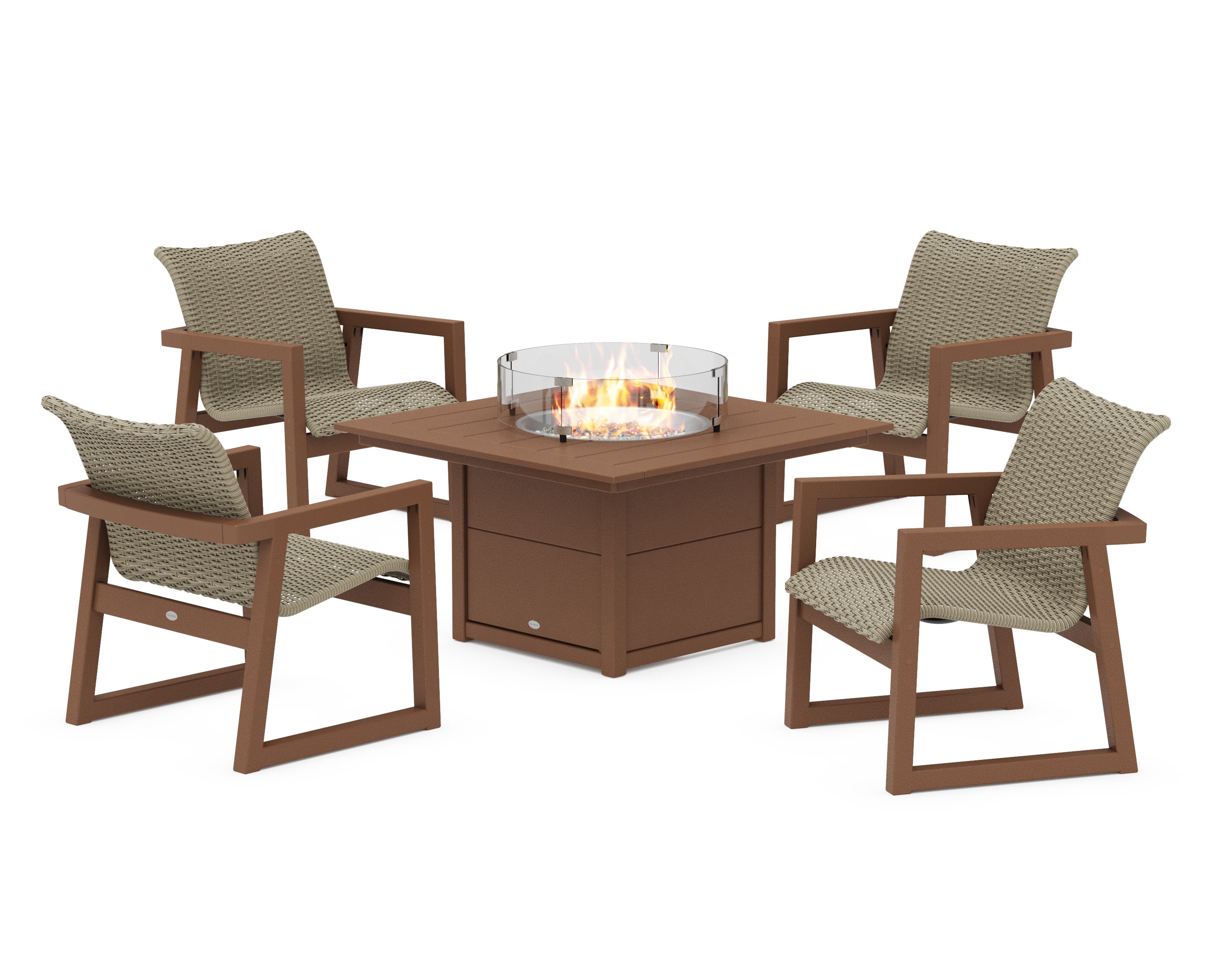 EDGE Woven 5-Piece Lounge Chair Seating Set with Fire Pit Table in Teak / Dune Grass