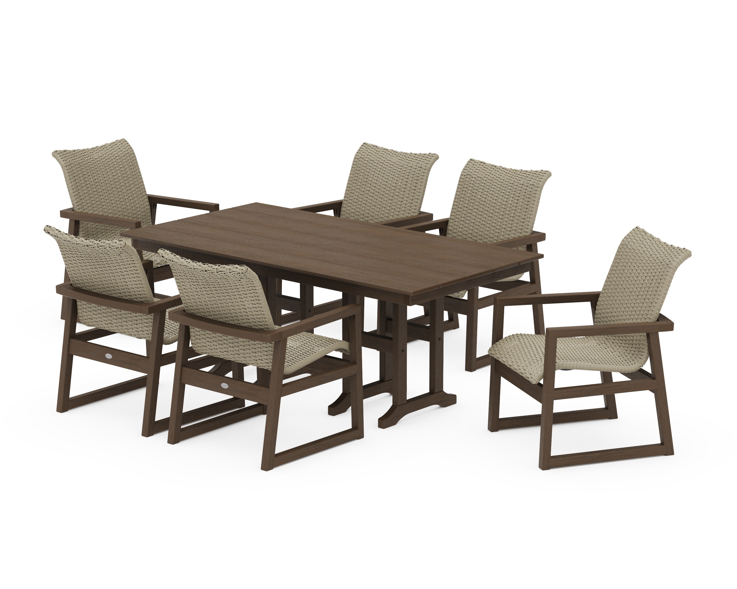 EDGE Woven Arm Chair 7-Piece Farmhouse Dining Set in Kona / Dune Grass