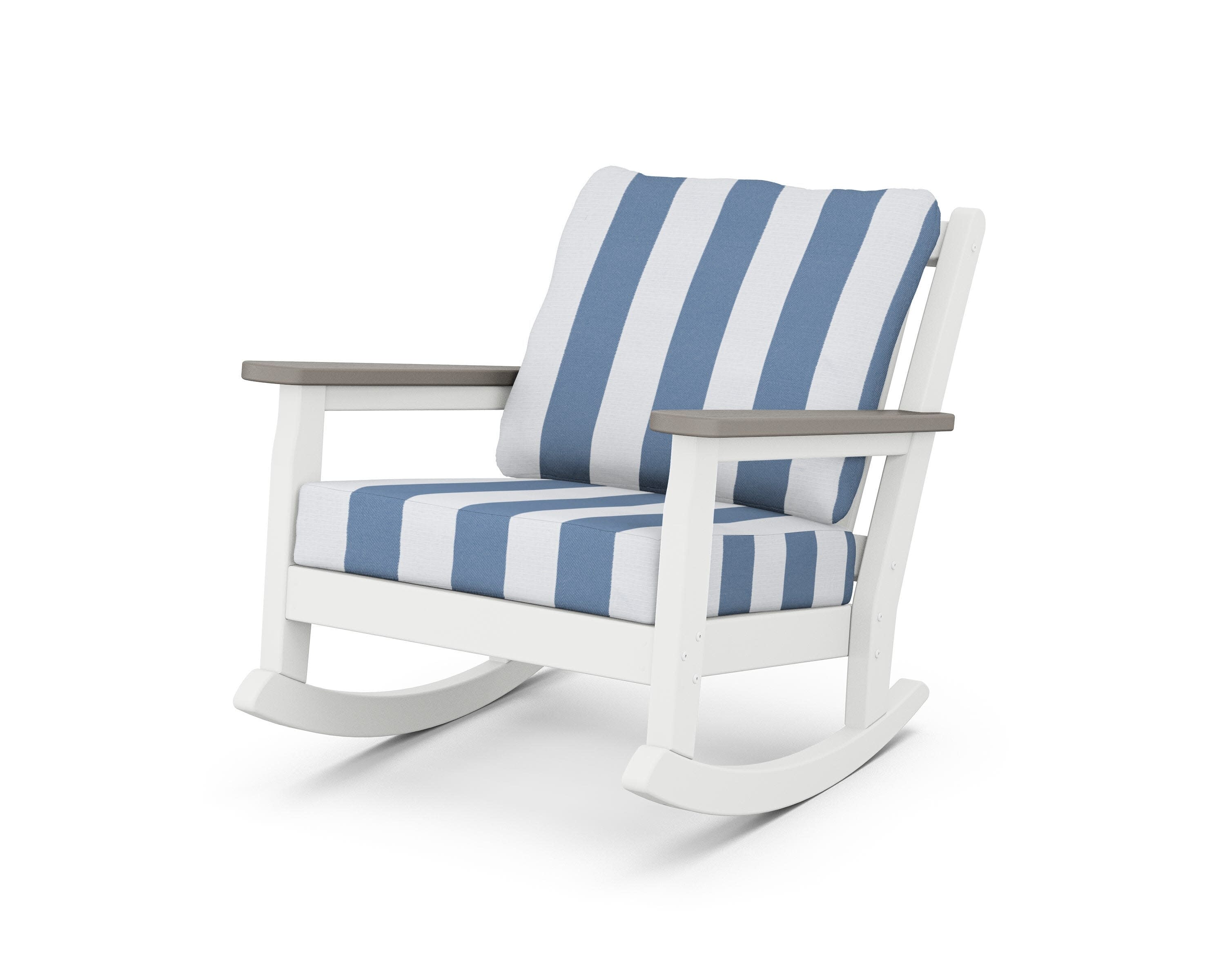 Chippendale Deep Seating Rocking Chair in White / Driftwood / Cabana Stripe Sky Blue
