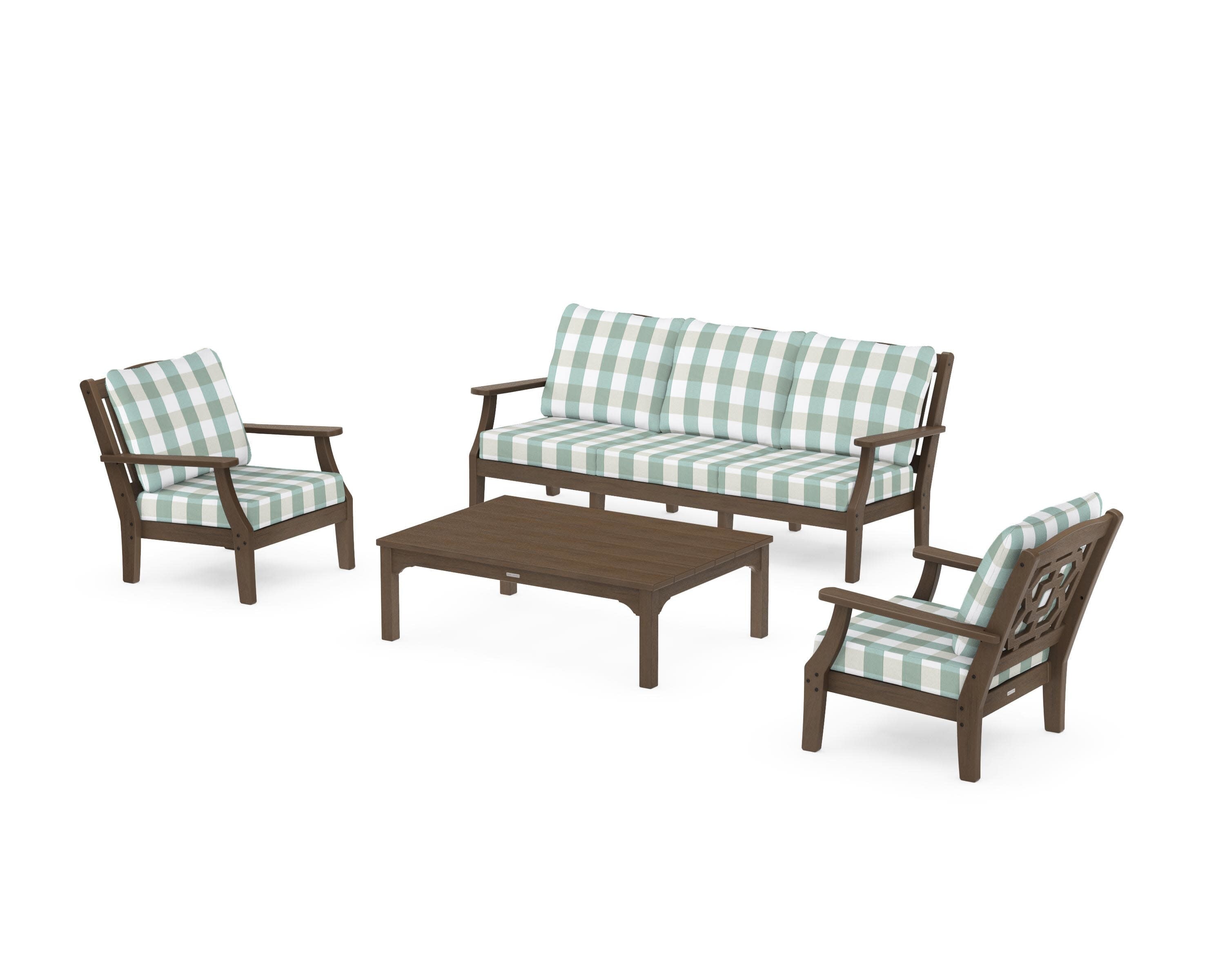 Chinoiserie 4-Piece Deep Seating Set with Sofa in Kona / Buffalo Plaid Glacier Spa