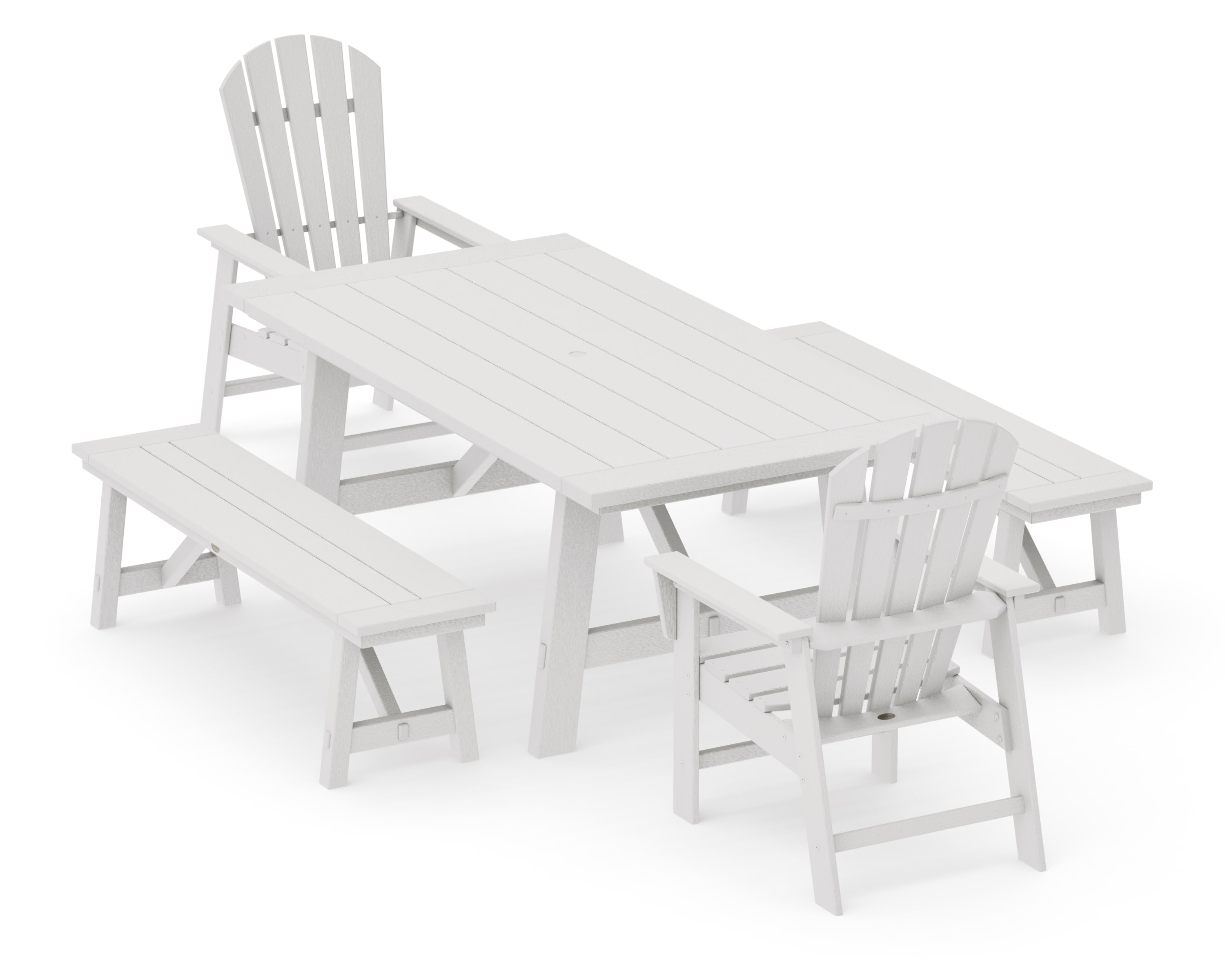 South Beach 5-Piece Rustic Farmhouse Dining Set With Benches in Vintage White
