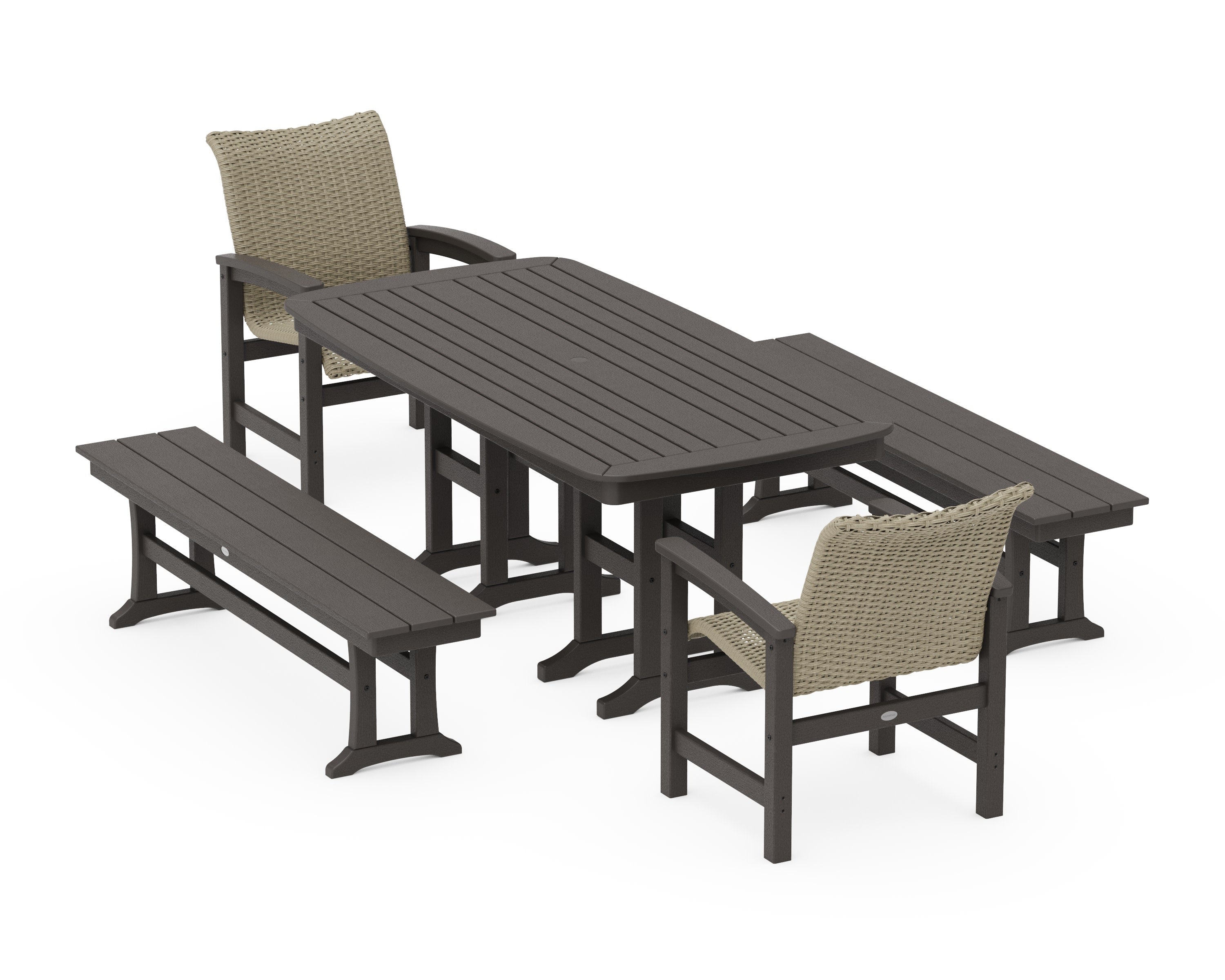 Coastal Woven 5-Piece Dining Set with Benches in Vintage Coffee / Dune Grass