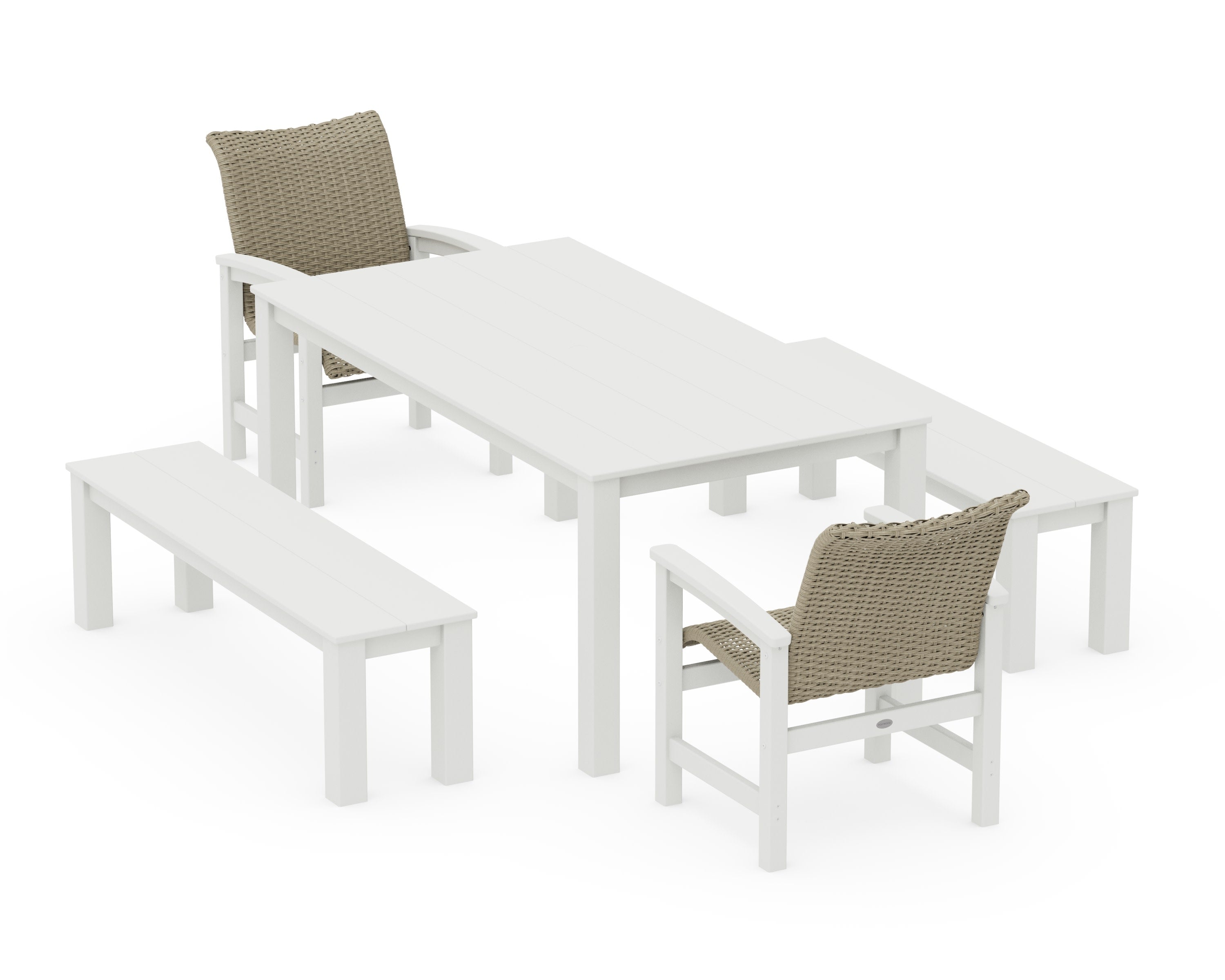 Coastal Woven 5-Piece Parsons Dining Set with Benches in White / Dune Grass