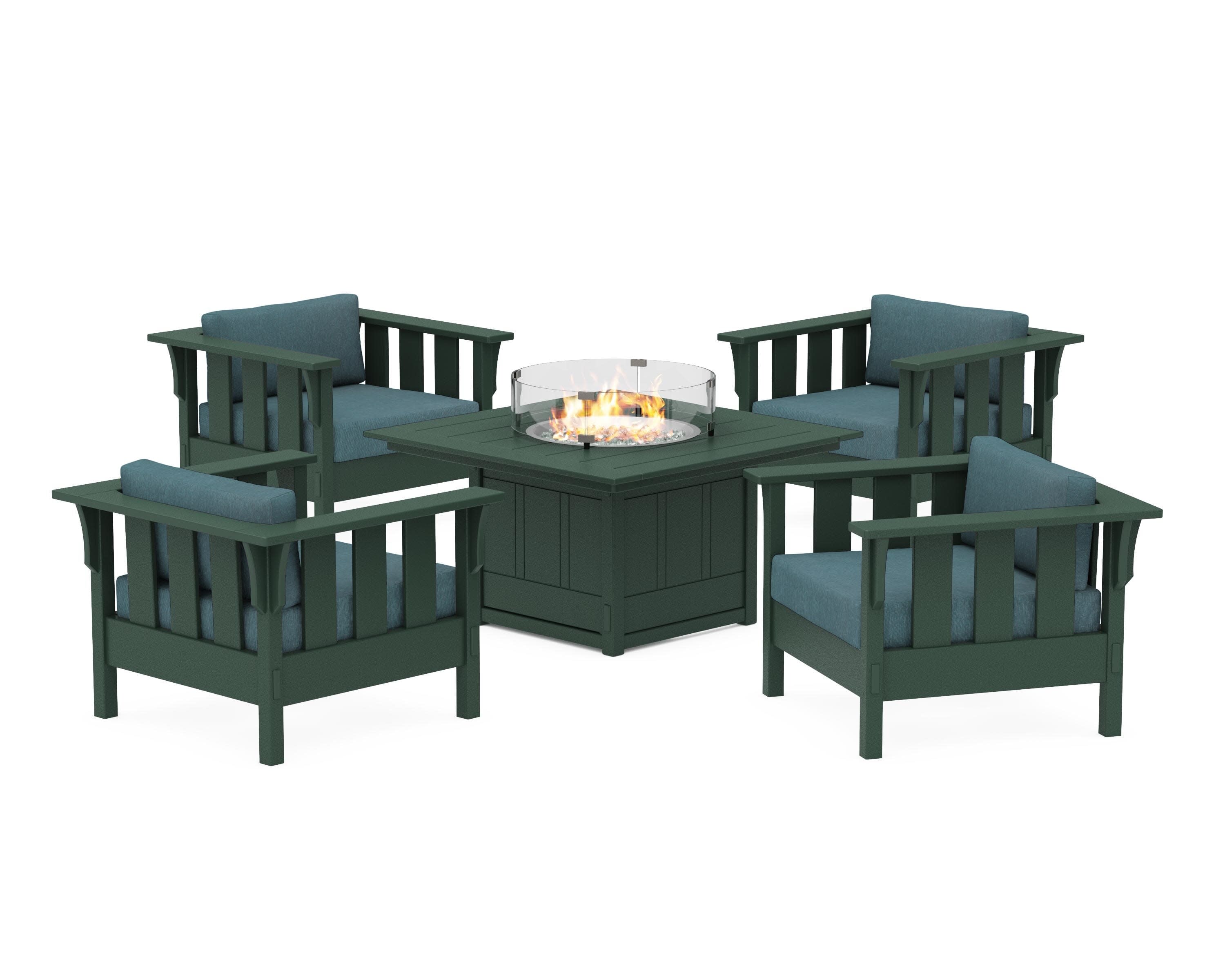Acadia 5-Piece Deep Seating Set with Fire Pit Table in Green / Ocean Teal