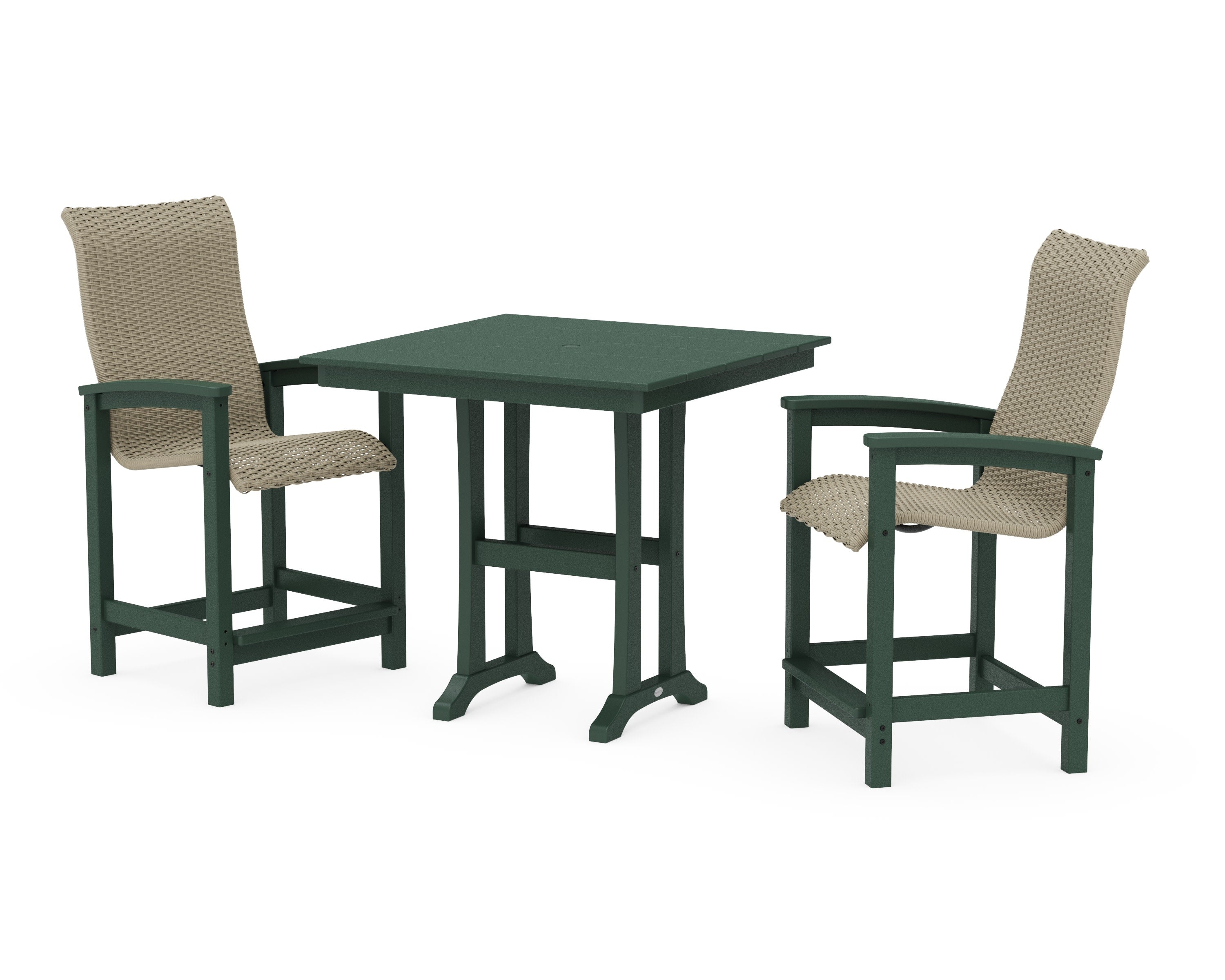 Coastal Woven High-Back 3-Piece Farmhouse Counter Set with Trestle Legs in Green / Dune Grass