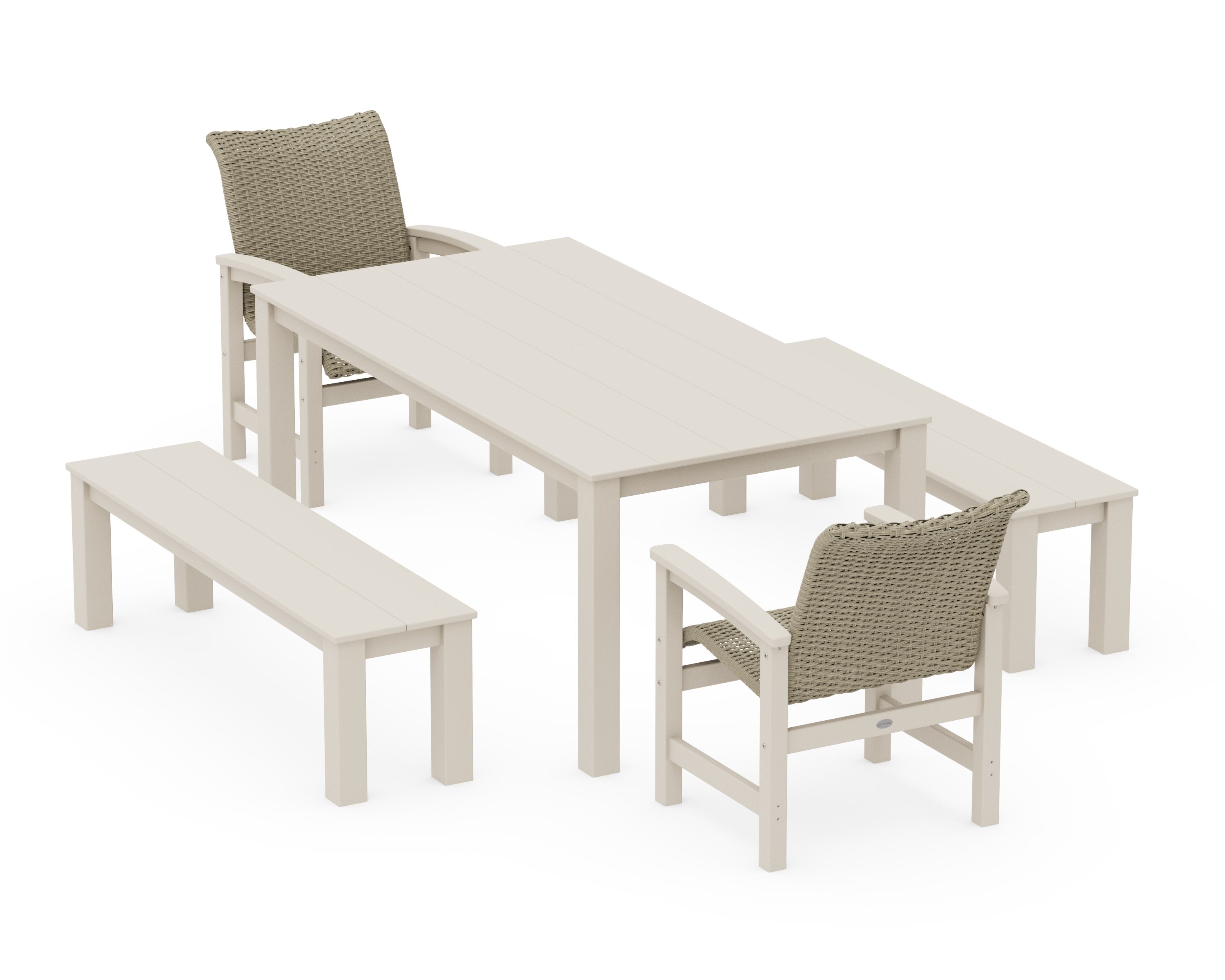 Coastal Woven 5-Piece Parsons Dining Set with Benches in Sand / Dune Grass