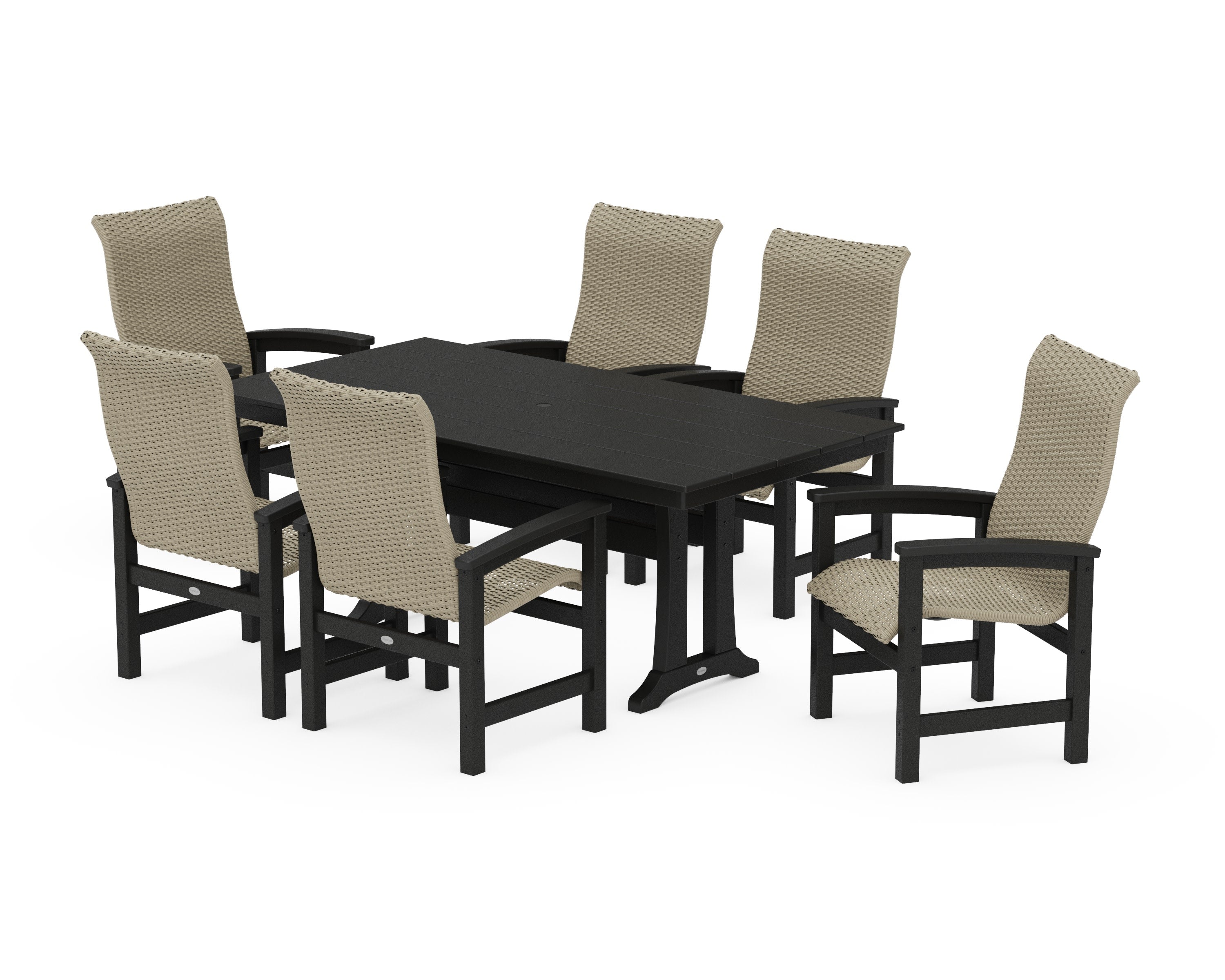 Coastal Woven High-Back Arm Chair 7-Piece Farmhouse Dining Set with Trestle Legs in Black / Dune Grass
