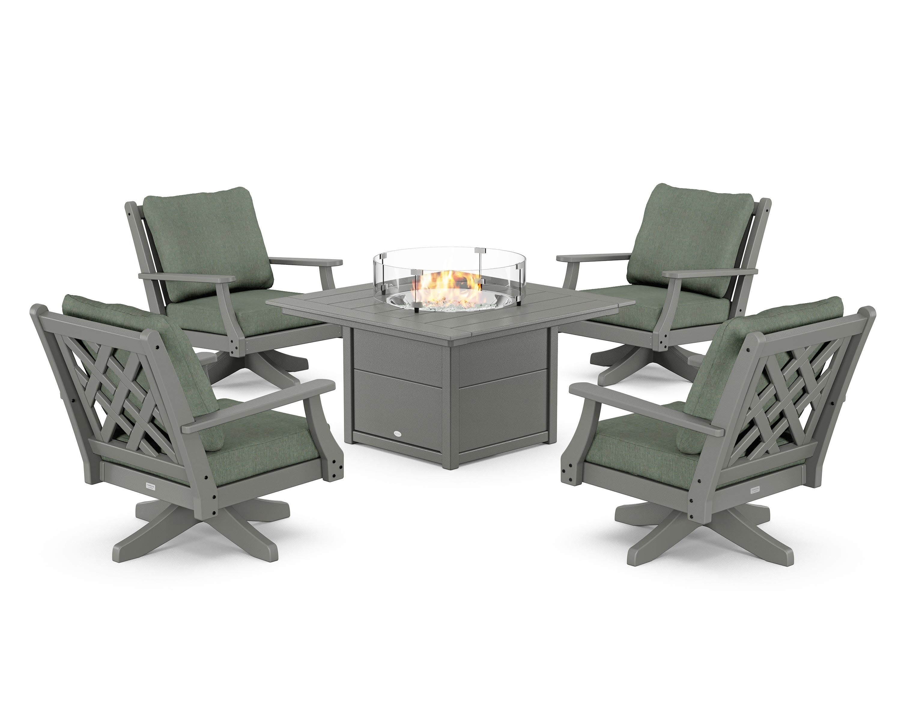 Wovendale 5-Piece Deep Seating Swivel Conversation Set with Fire Pit Table in Slate Grey / Cast Sage