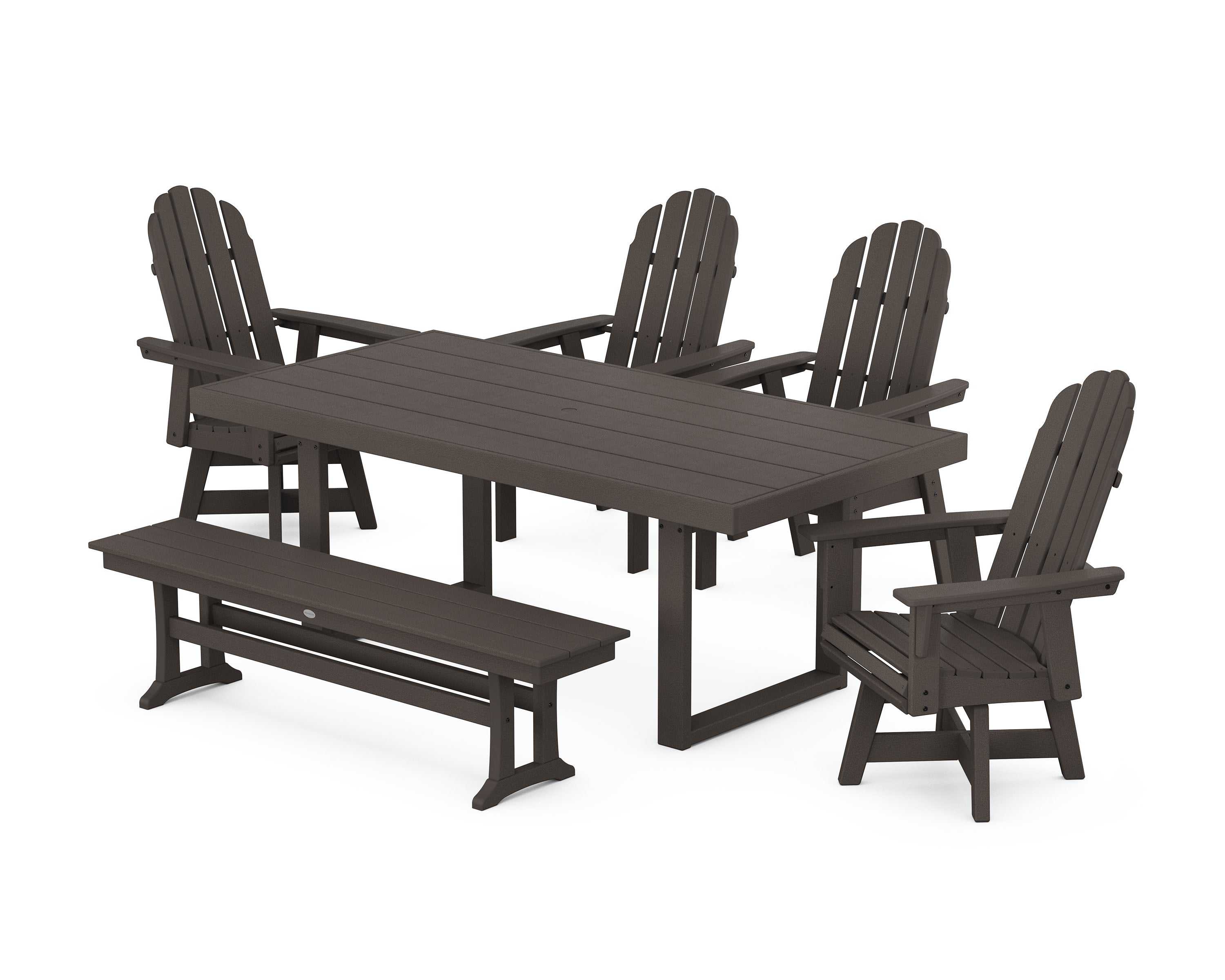 Vineyard Curveback Adirondack Swivel Chair 6-Piece Dining Set with Bench in Vintage Coffee