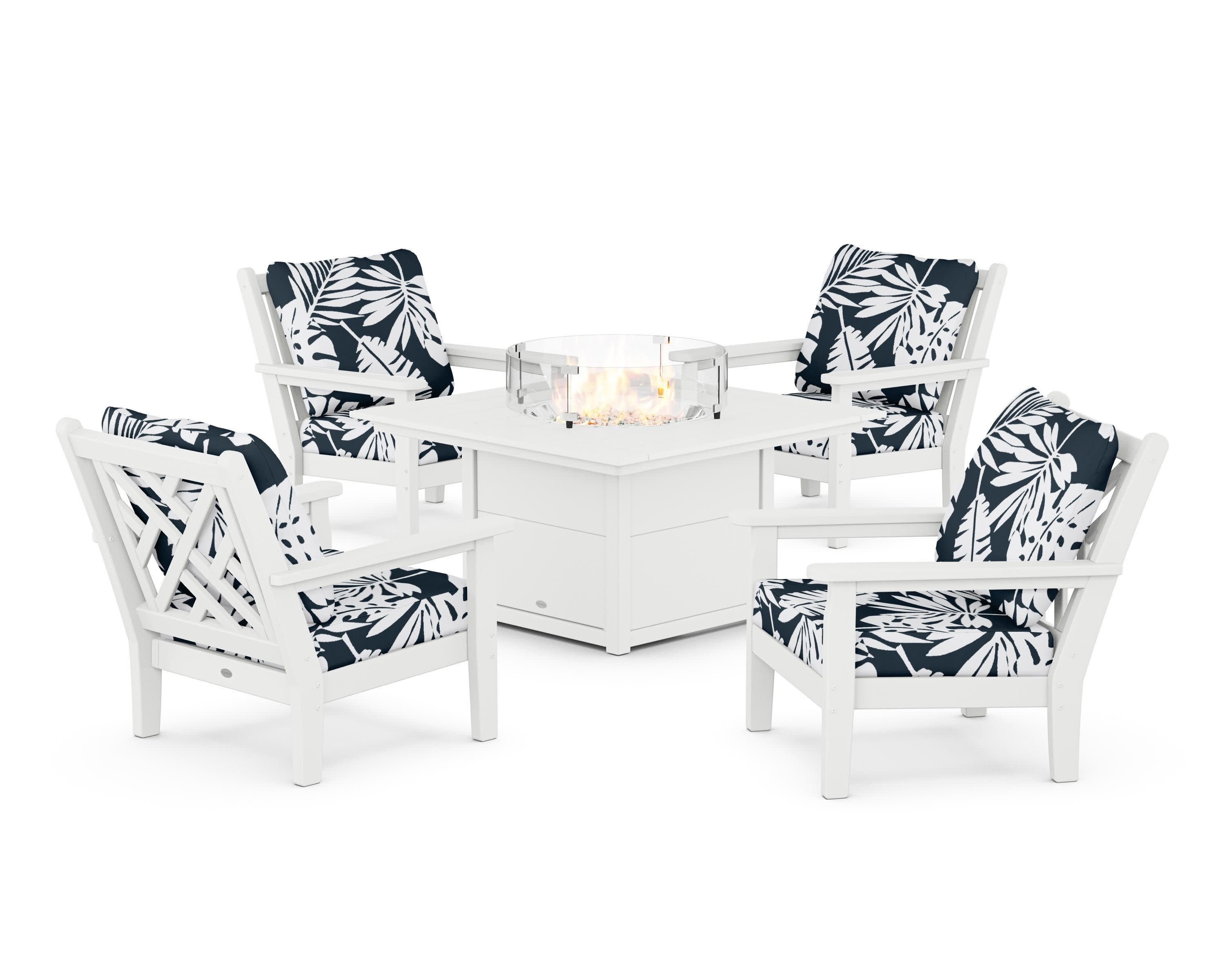 Chippendale 5-Piece Deep Seating Set with Fire Pit Table in White / Leaf Marine Indigo