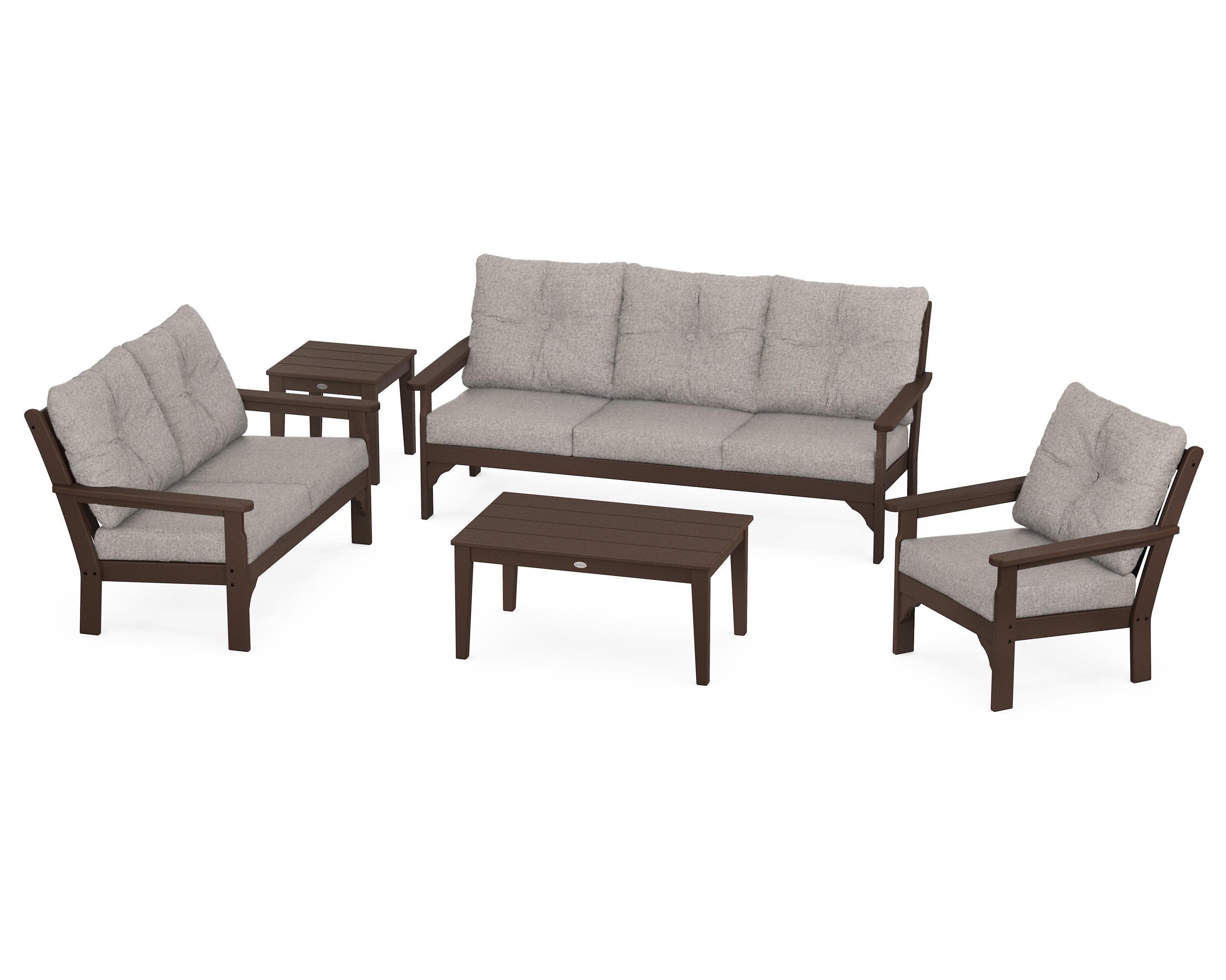 Vineyard 5 Piece Deep Seating Set in Mahogany / Weathered Tweed