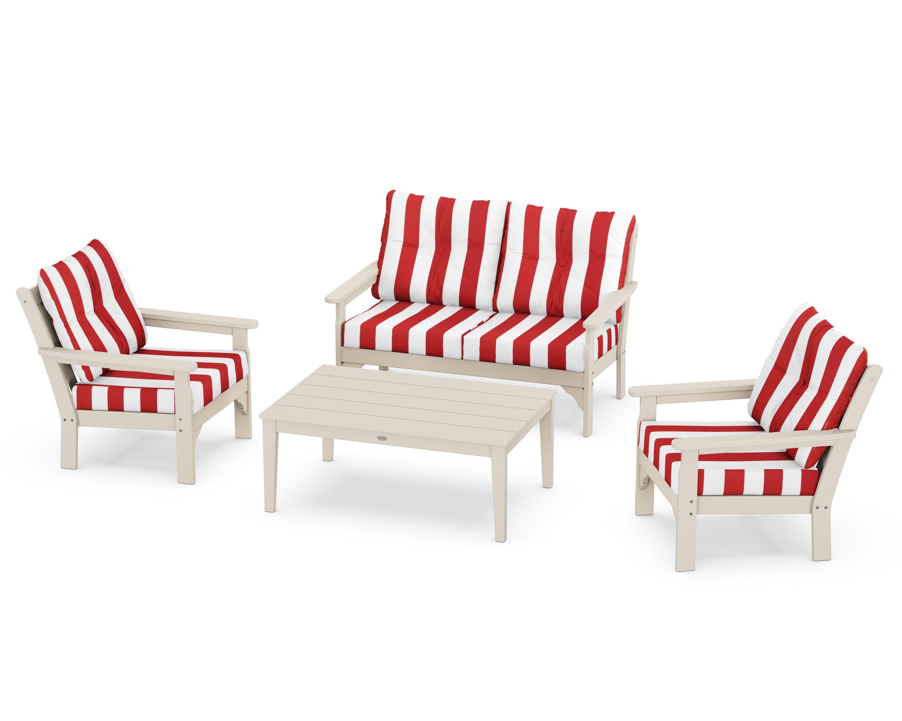 Vineyard 4-Piece Deep Seating Set in Sand / Cabana Stripe Crimson