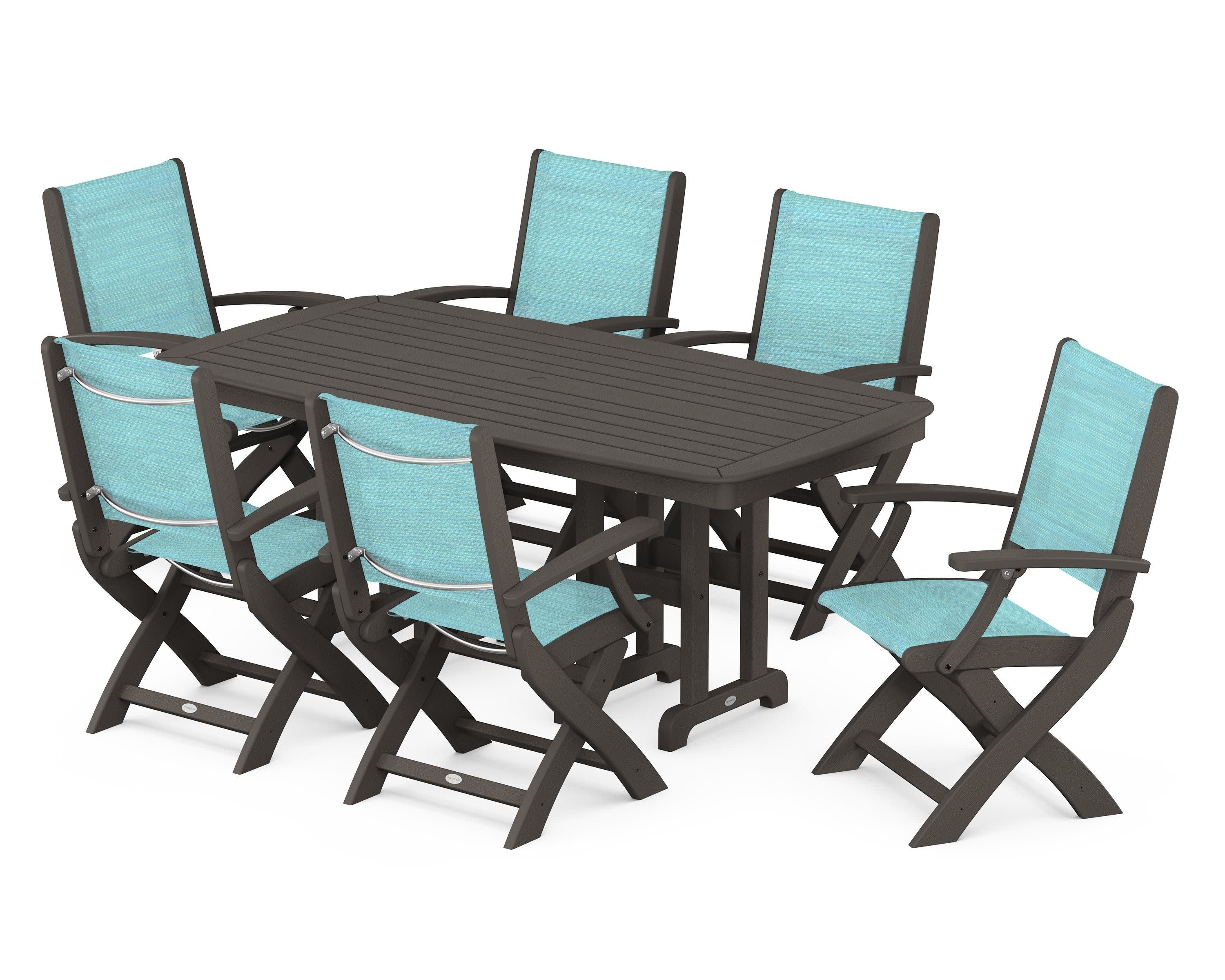 Coastal Folding Arm Chair 7-Piece Dining Set in Vintage Coffee / Dupioni Aquamarine Sling