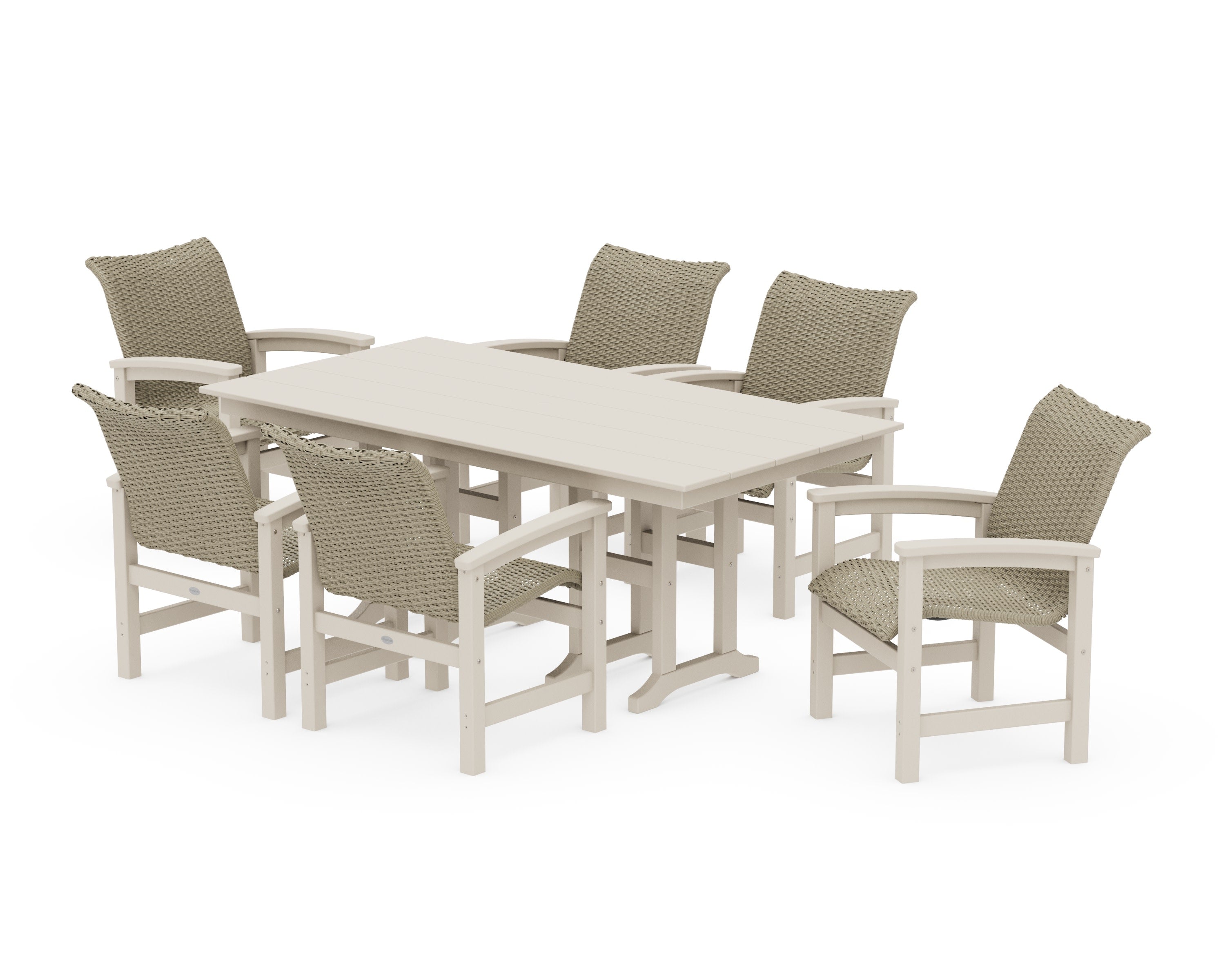 Coastal Woven Arm Chair 7-Piece Farmhouse Dining Set in Sand / Dune Grass