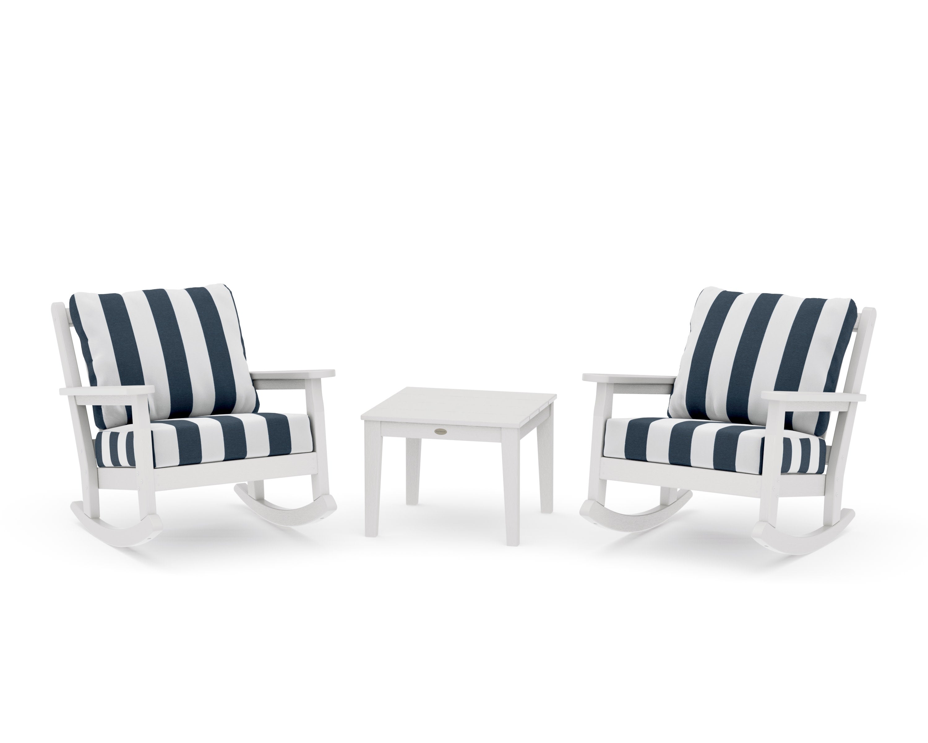 Chippendale 3-Piece Deep Seating Rocker Set in Vintage White / Cabana Stripe Marine Indigo