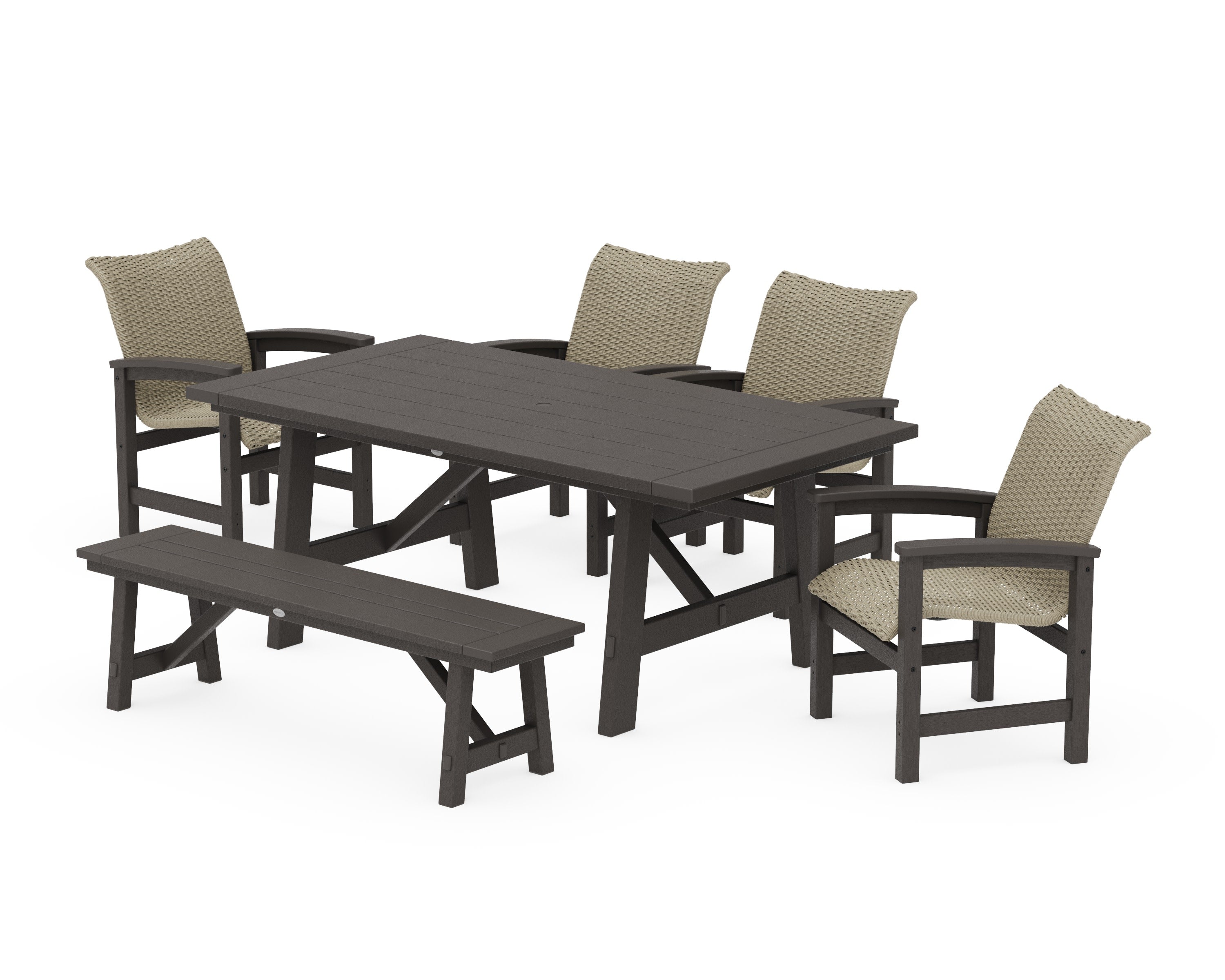 Coastal Woven 6-Piece Rustic Farmhouse Dining Set with Bench in Vintage Coffee / Dune Grass