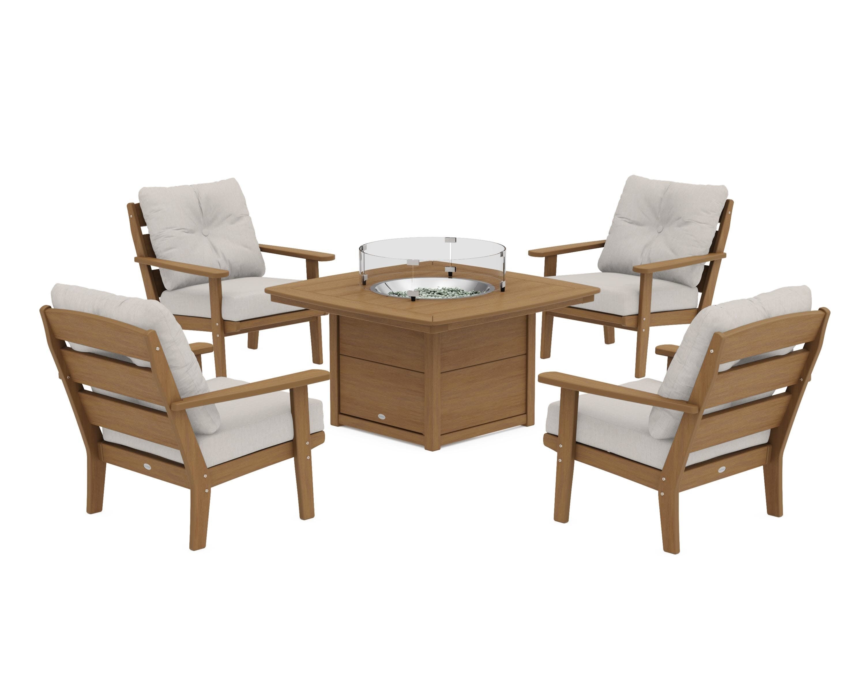 Lakeside 5-Piece Deep Seating Set with Nautical Fire Pit Table in Natural / Cast Ash