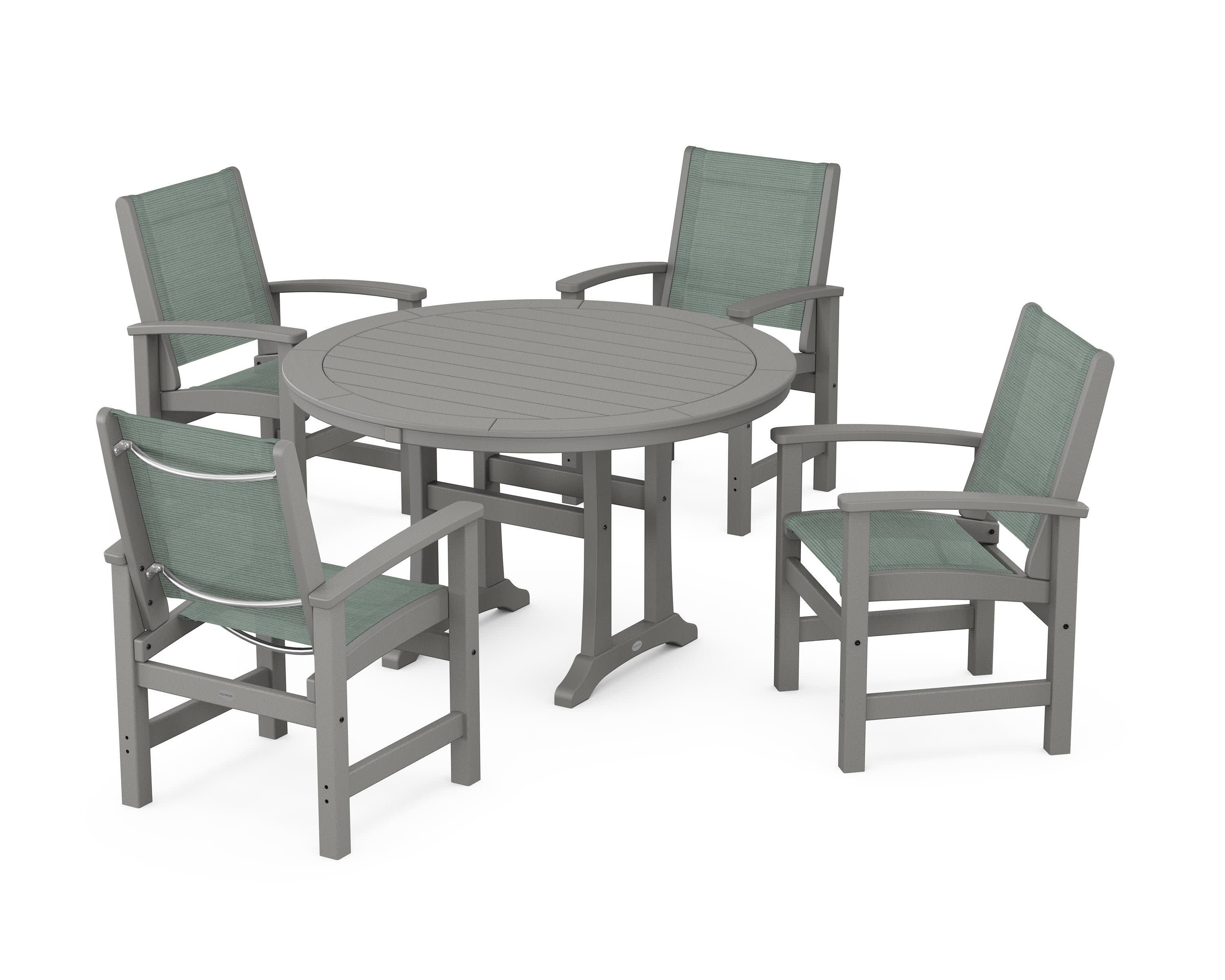 Coastal 5-Piece Round Dining Set with Trestle Legs in Slate Grey / Dupioni Sea Mist Sling
