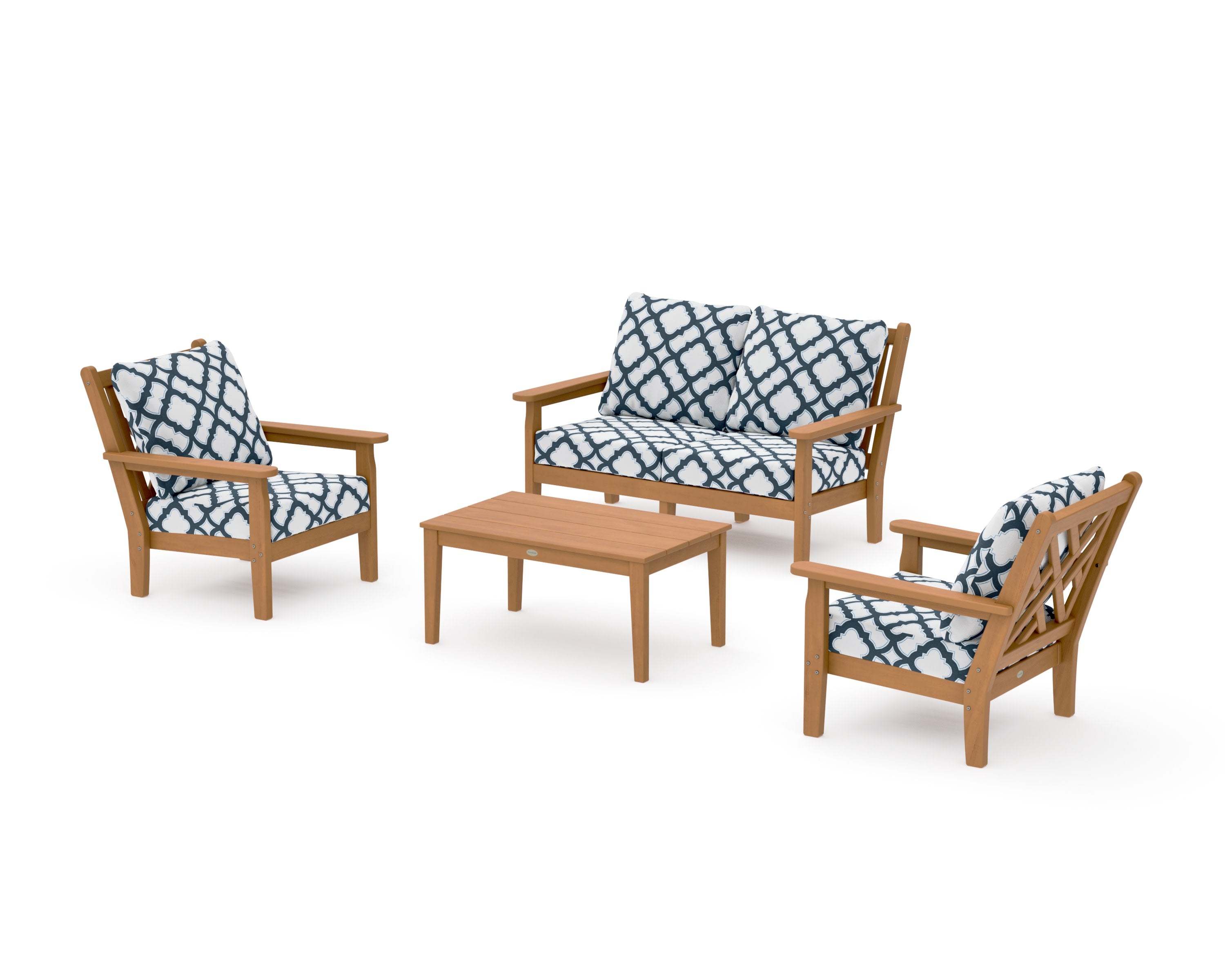 Chippendale 4-Piece Deep Seating Set with Loveseat in Natural / Trellis Marine Indigo