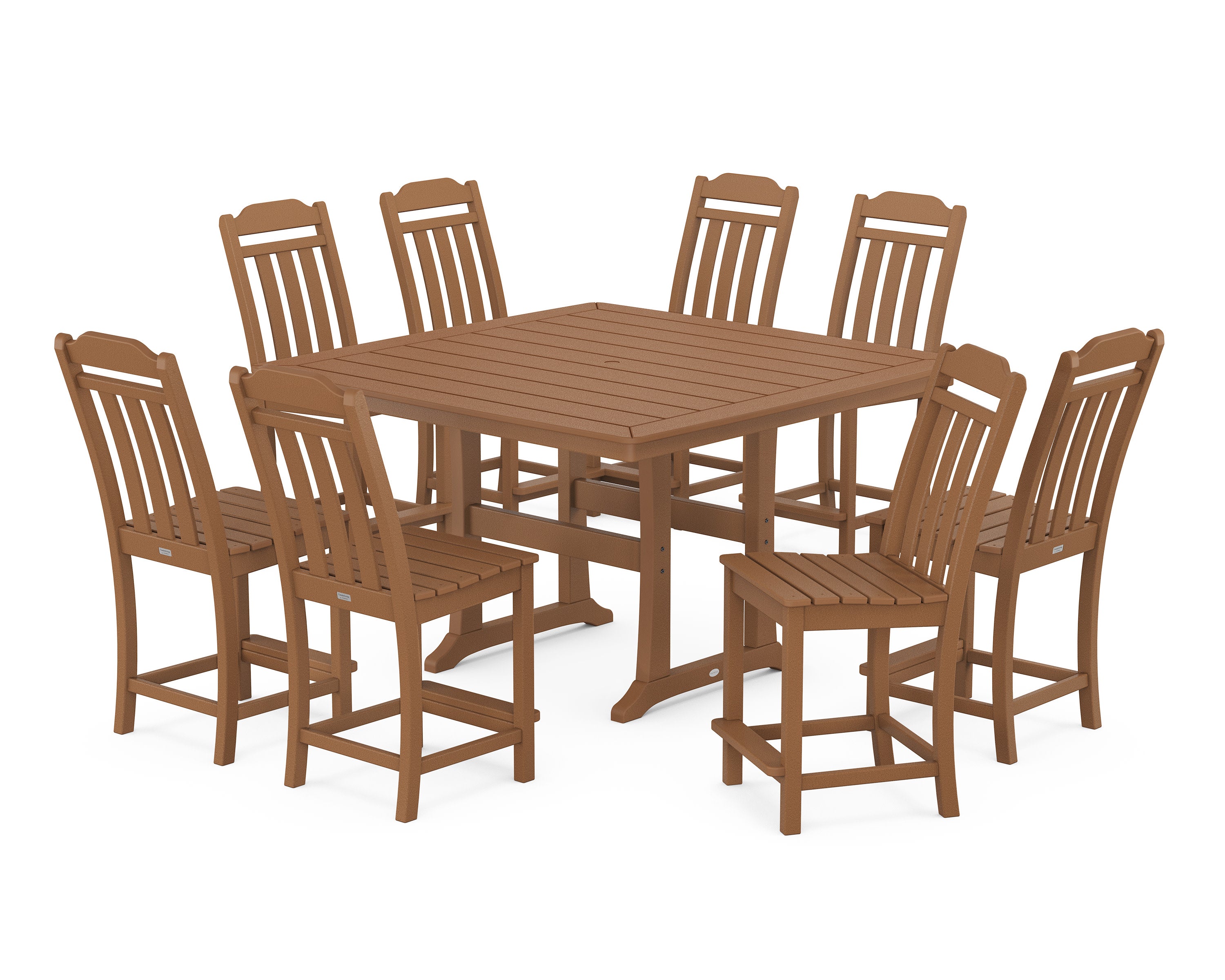 Cottage 9-Piece Square Side Chair Counter Set with Trestle Legs in Teak